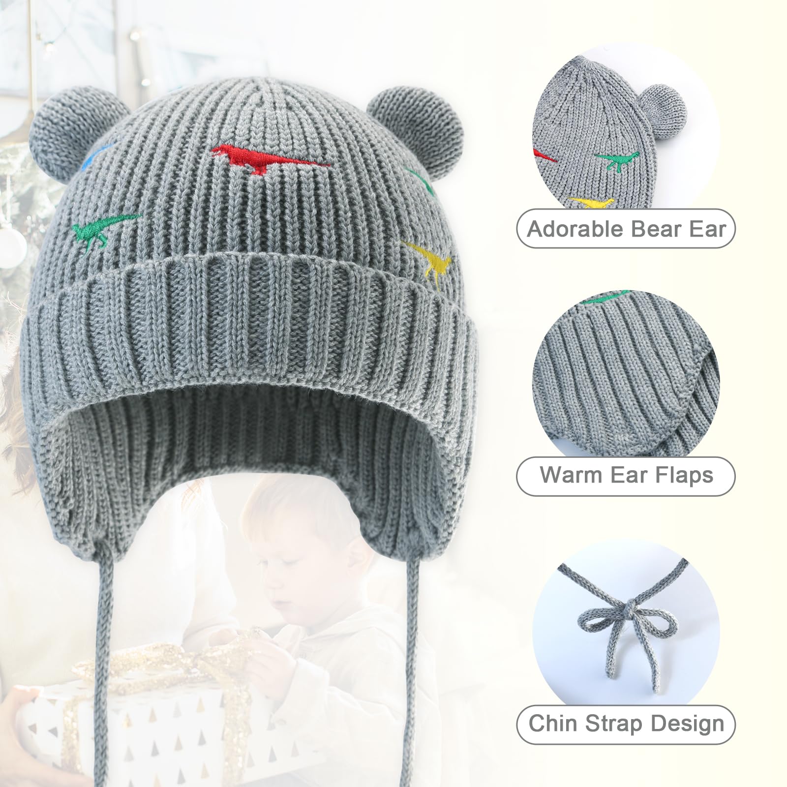 XIAOHAWANG Cute Bear Infant Winter Hat Toddler Knit Baby Beanie Boys Girls Dinosaur Beenies Hats with Ear Flaps(T-Grey,2-3 Years)