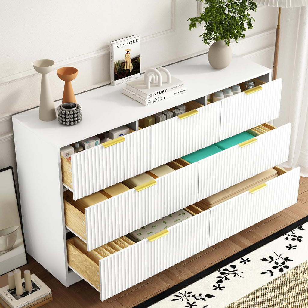 Sscaktu 7 Drawer Fluted Dresser with Deep Drawers for Bedroom, White丨55 Wide Mid Century Dresser, Modern Chest of Drawers, Wood TV Stand Storage Organizer for Closet, Living Room, Hallway