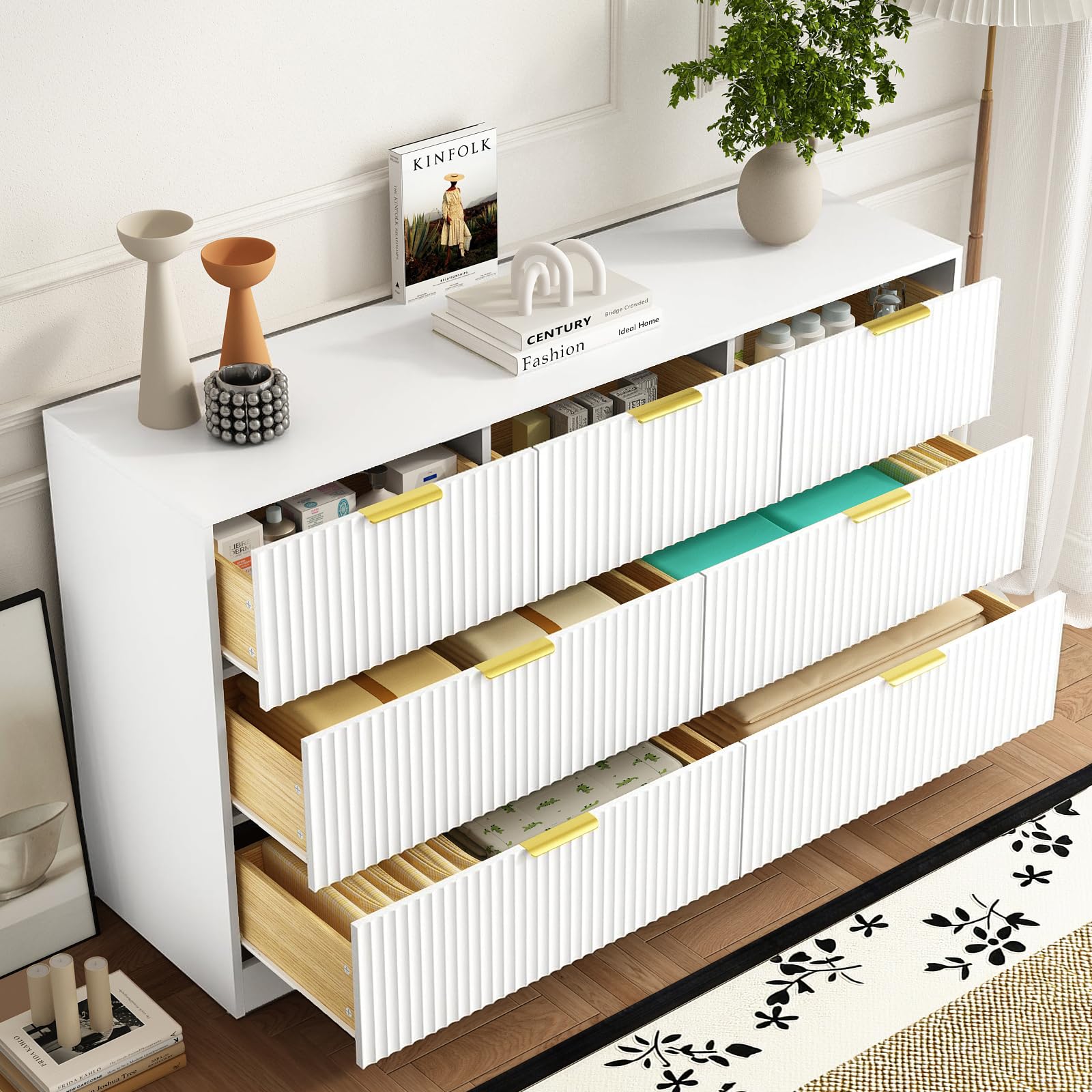 Sscaktu 7 Drawer Fluted Dresser with Deep Drawers for Bedroom, White丨55 Wide Mid Century Dresser, Modern Chest of Drawers, Wood TV Stand Storage Organizer for Closet, Living Room, Hallway