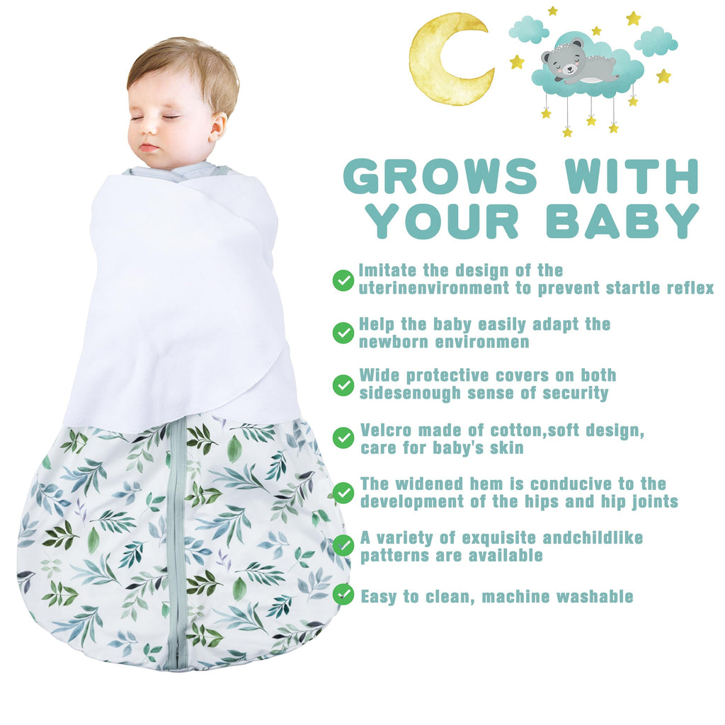 BSTOPPT Newborn Sleep Sack Baby Swaddle,6-12 Months,3-Way Adjustable Wearable Blanket,100% Rayon Cotton Swaddling Sleeping Bag，TOG 0.5（Banana&Leaf）