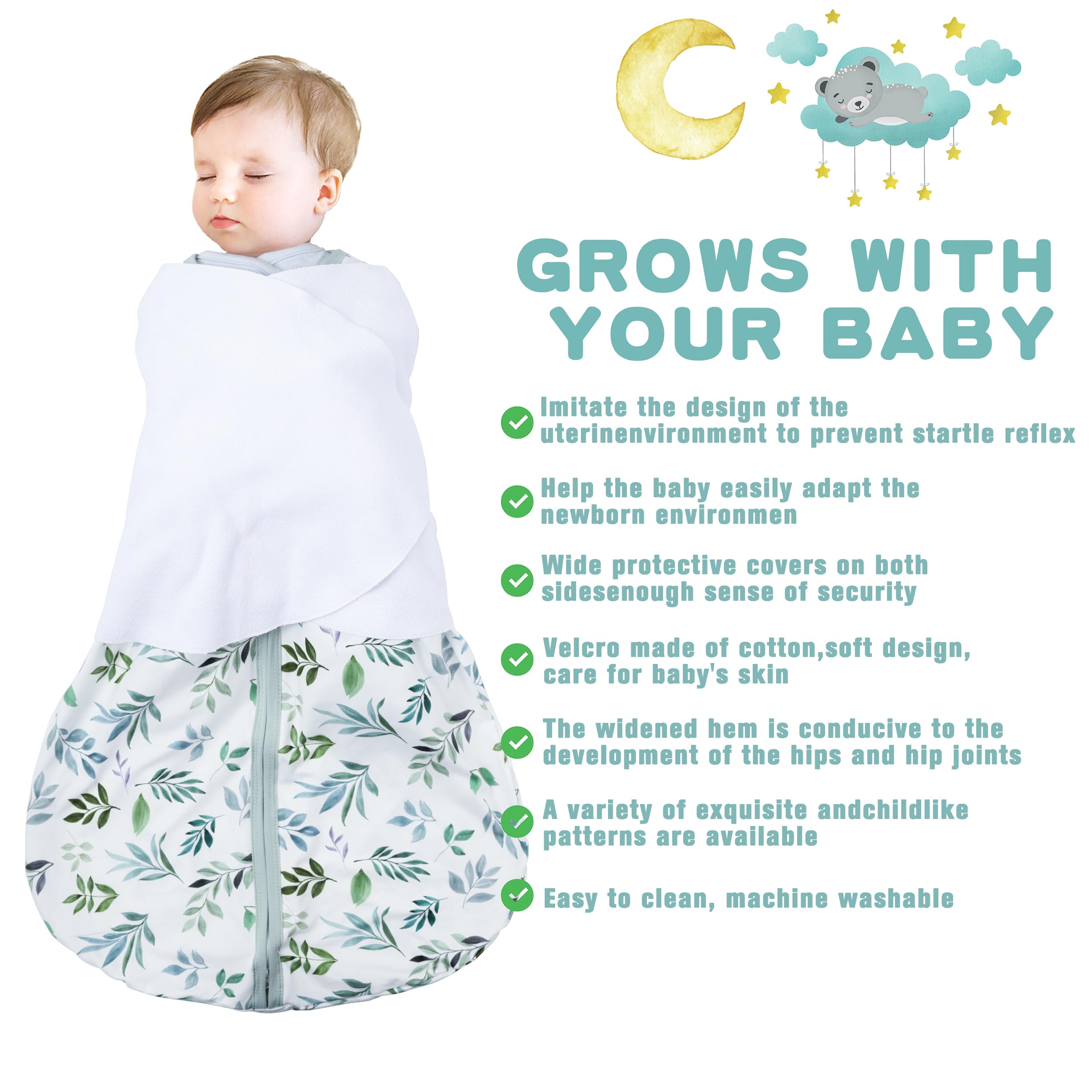 BSTOPPT Newborn Sleep Sack Baby Swaddle,6-12 Months,3-Way Adjustable Wearable Blanket,100% Rayon Cotton Swaddling Sleeping Bag，TOG 0.5（Banana&Leaf）