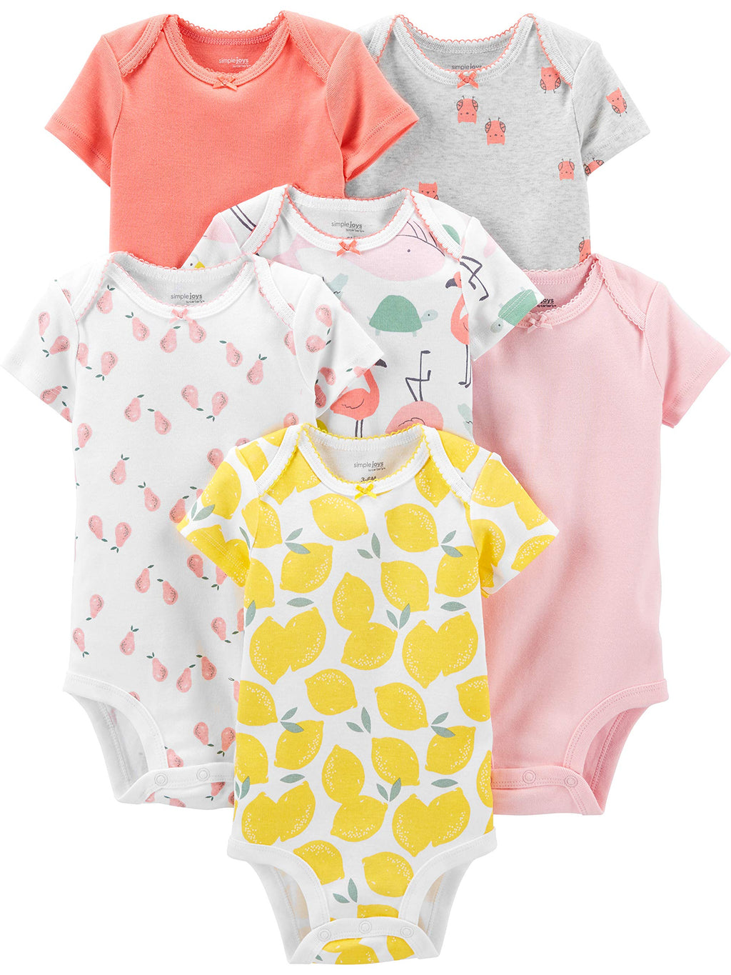 Simple Joys by Carter's Baby Girls' Short-Sleeve Bodysuit, Pack of 6, Multicolor/Birds/Fruit/Lemon/Turtle, 18 Months