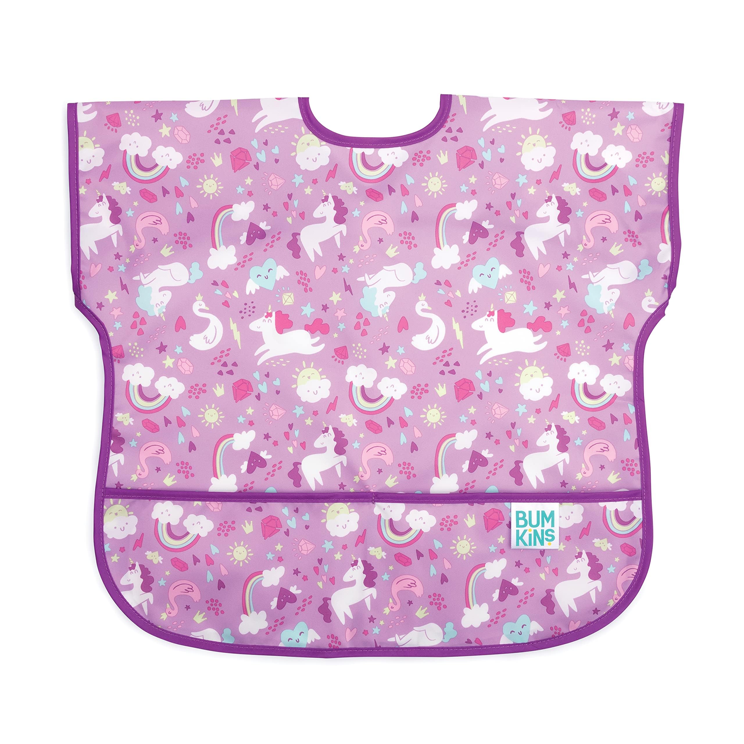 Bumkins Short Sleeve Bib for Girl or Boy, Toddler and Kids for 1-3 Years, Large Size, Essential Must Have for Junior Children, Eating, Mess Saving Soft Fabric Apron for Play, Unicorns Purple
