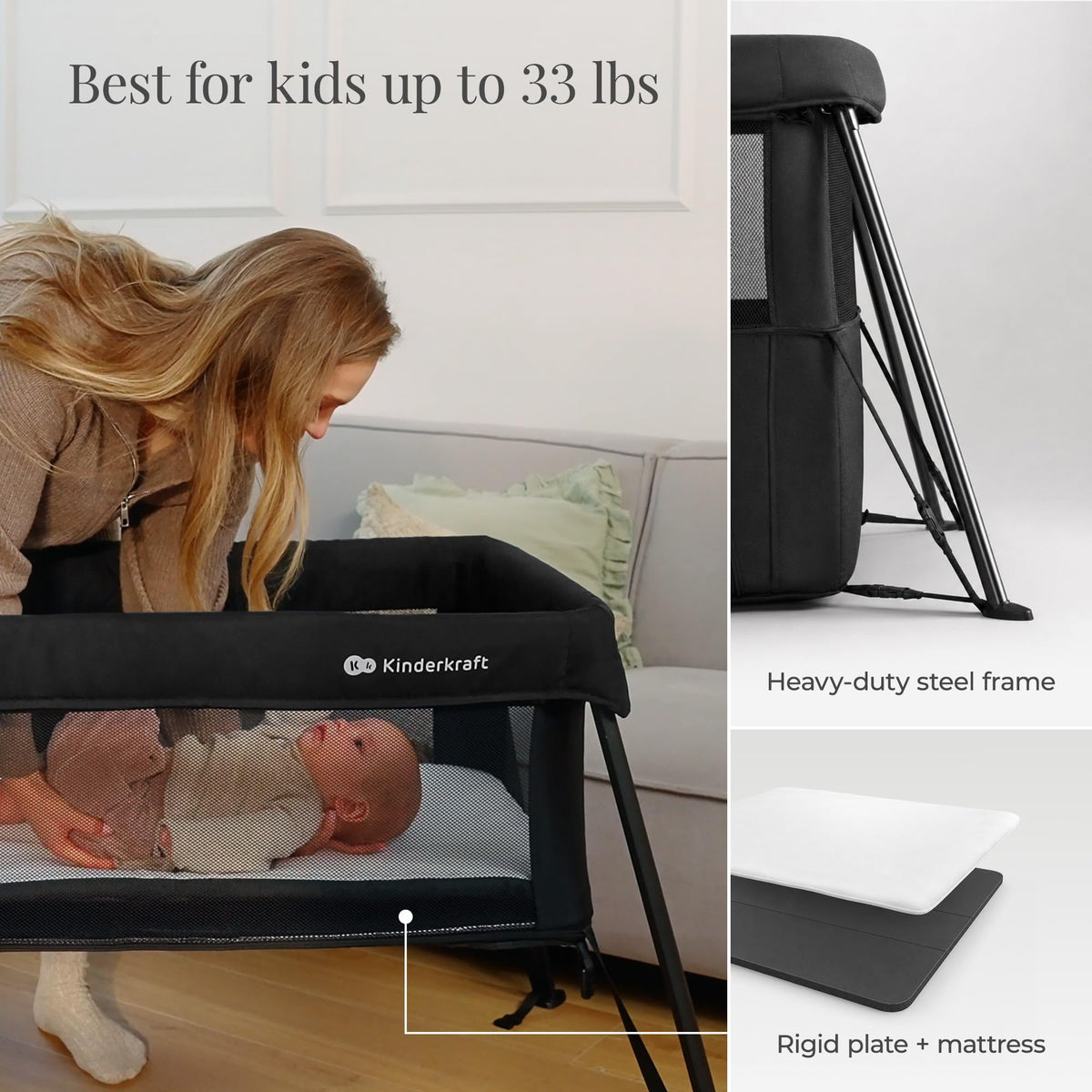 Kinderkraft Cami 3 in 1 Convertible Travel Cot Black