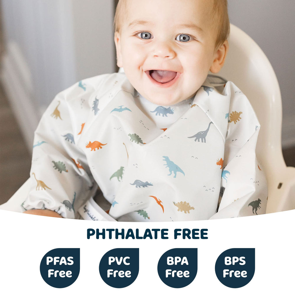 Tiny Twinkle Long Sleeve Bib for Babies & Toddlers | Waterproof Smock Bib for Eating | Machine Washable & Mess-Proof Feeding Essentials | Newborn Shower Gift (Dinosaur, 6–24M)
