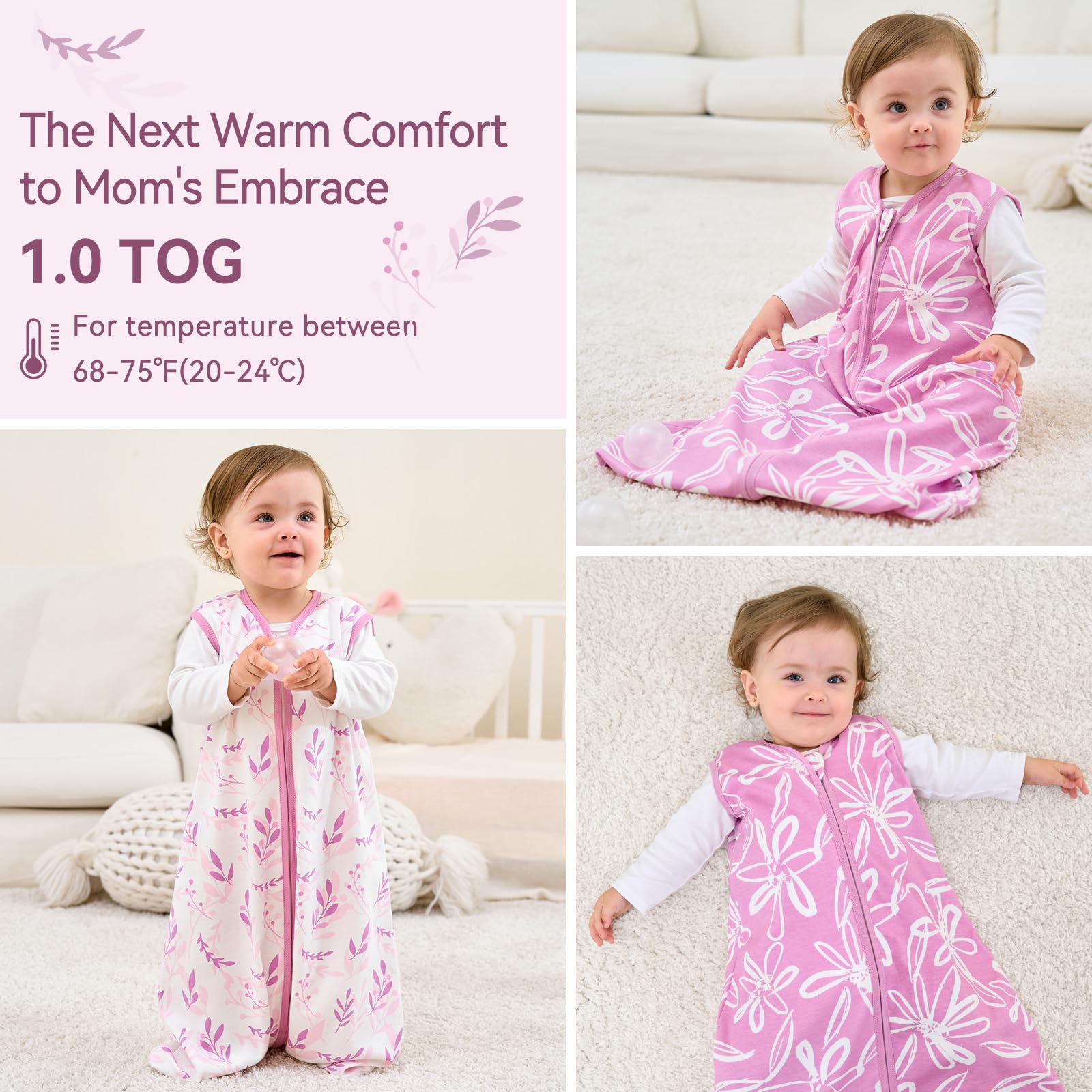 Unnivoll Baby Sleep Sack 12-18 Months 1.0 Tog Baby Wearable Blanket 100% Cotton Sleeping Sack with 2-Way Zipper for Toddler Infant Purple Leaf
