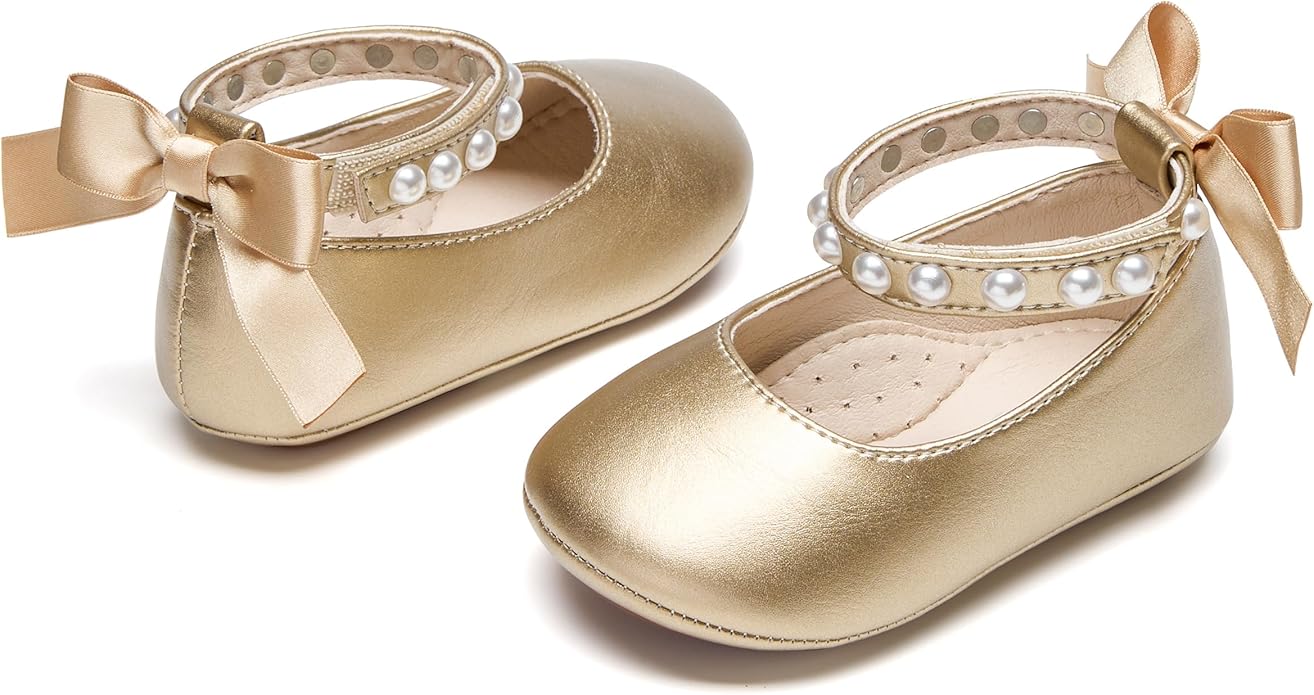 Baby Girls Mary Jane Flats - Infant Newborn Walking Shoes Soft Rubber Sole Princess Wedding