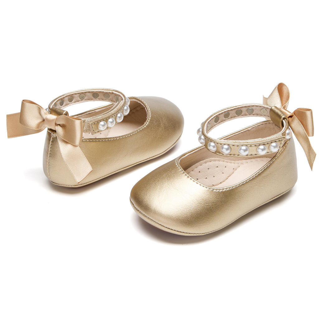 PHIRAMIN Baby Girls Gold Mary Jane Flats - Infant 9-12 Months Walking Shoes Soft Rubber Sole Princess Wedding