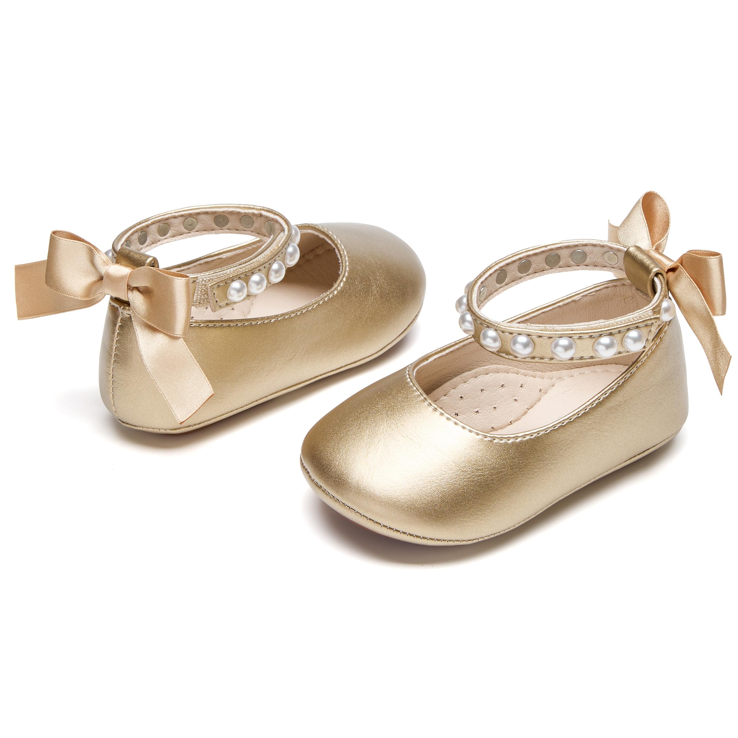 PHIRAMIN Baby Girls Gold Mary Jane Flats - Infant 9-12 Months Walking Shoes Soft Rubber Sole Princess Wedding