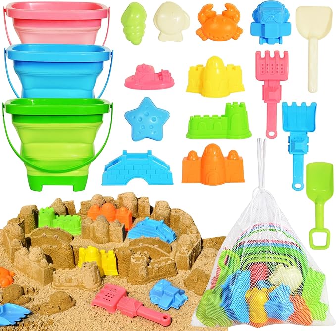 Collapsible Beach Sand Toys for Kids Toddlers,Travel Beach Toys with 3 Collapsible Sand Buckets,Shovels,Mesh Bags,Sand Molds,Castle Toys for Beach, Age 18+ Month