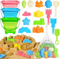 Collapsible Beach Sand Toys for Kids Toddlers,Travel Beach Toys with 3 Collapsible Sand Buckets,Shovels,Mesh Bags,Sand Molds,Castle Toys for Beach, Age 18+ Month