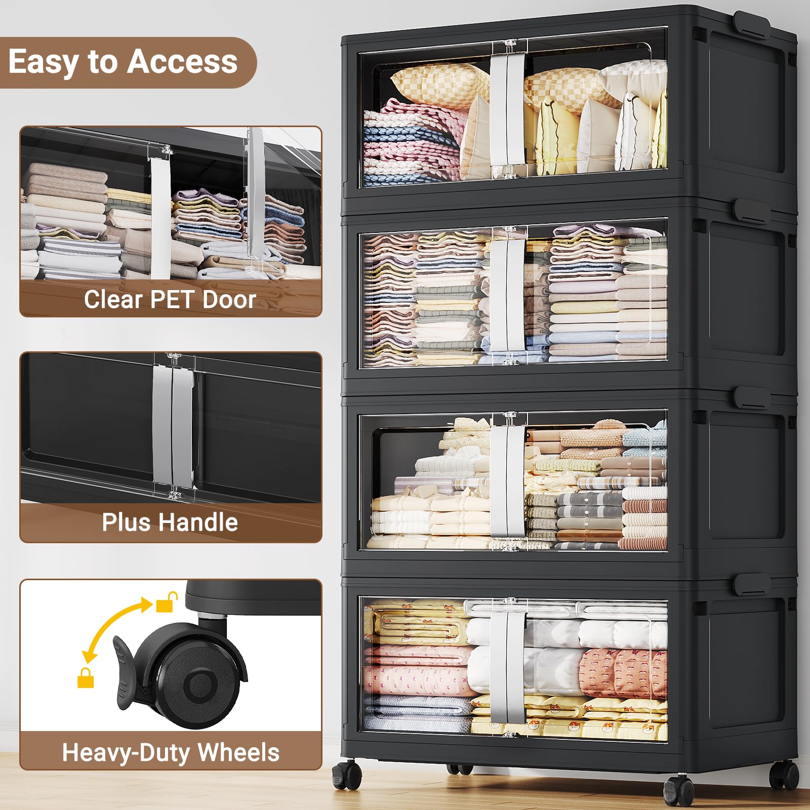 BROVIEW 160QT Stackable Storage Bins with Lids, 40Gal Extra Large Collapsible Storage Box with Wheel, Plastic Storages with Clear Door Open Front for Home Kitchen Garage, Black-1pack