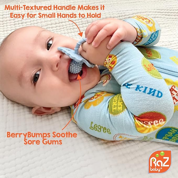 RaZbaby Penguin RaZbuddy w/RaZberry Teething Relief Pacifier – Soothes Sore Gums w/Nature-Inspired Texture, 100% BPA-Free Silicone Teether, Detachable Stuffed Animal – 3 Months+ Teether, Blue