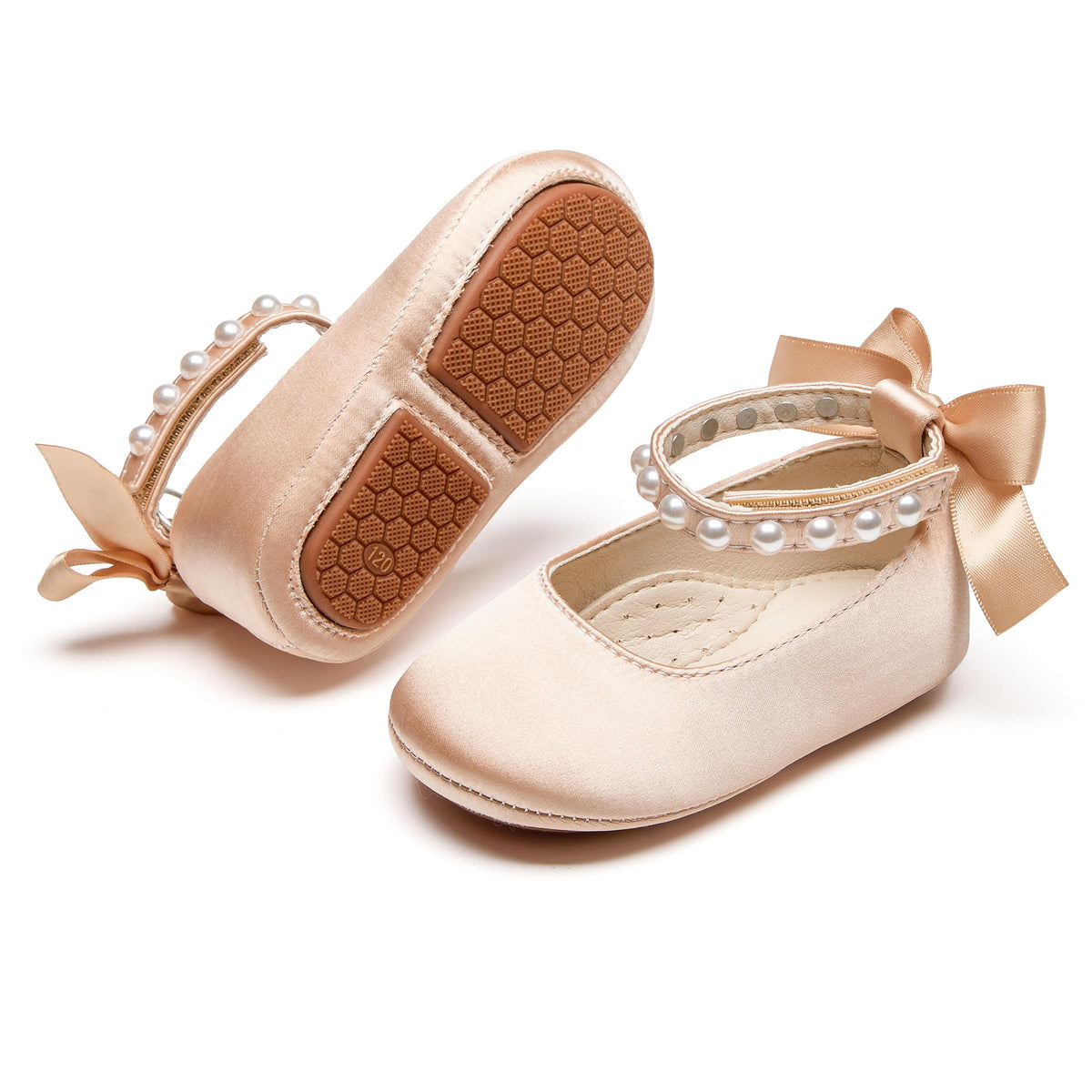 PHIRAMIN Baby Girls Glitter Pink Mary Jane Flats - Infant 12-18 Months Walking Shoes Soft Rubber Sole Princess Wedding