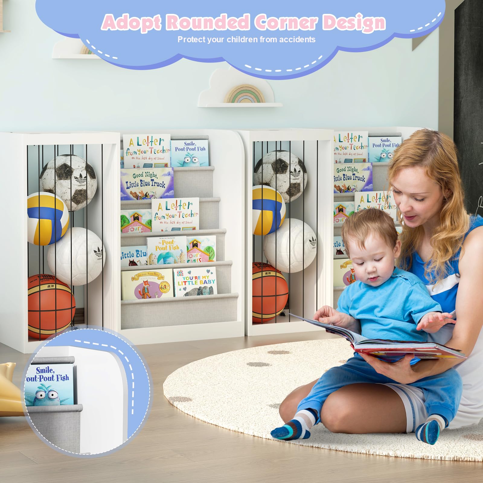 HedoAjim White Kids Bookshelf & Stuffed Animal Net Holder Plush Toy Storage Organizer Child Bookcase Toddler Baby Sling Book Rack for Playroom Bedroom Nursery Infant Boys Girls Classroom