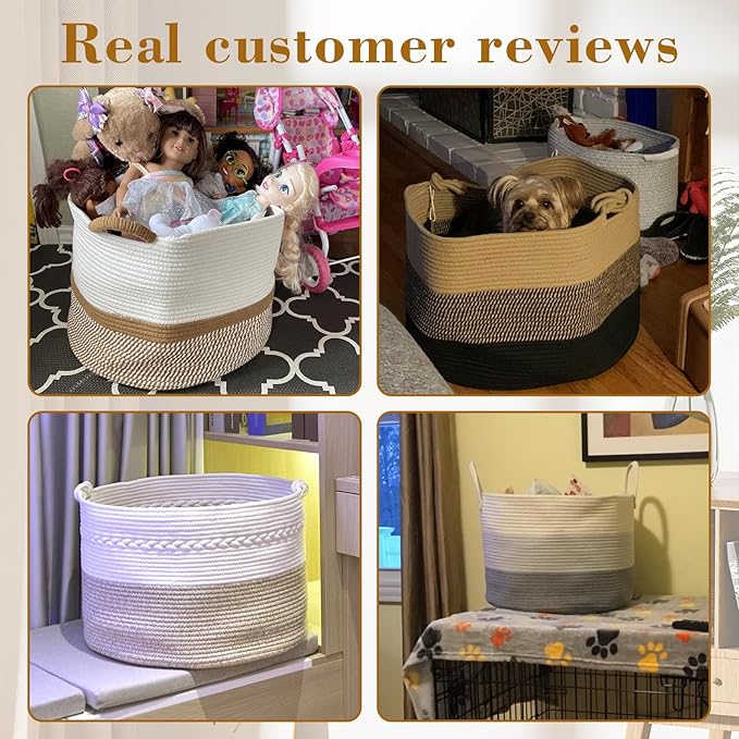 67L Large Blanket Basket, 20"x13" Woven Storage Baskets With Handle, Cotton Rope Blanket Basket Living Room, Baby Laundry hamper for Blanket, Nursery, Toy, Pillow (White)
