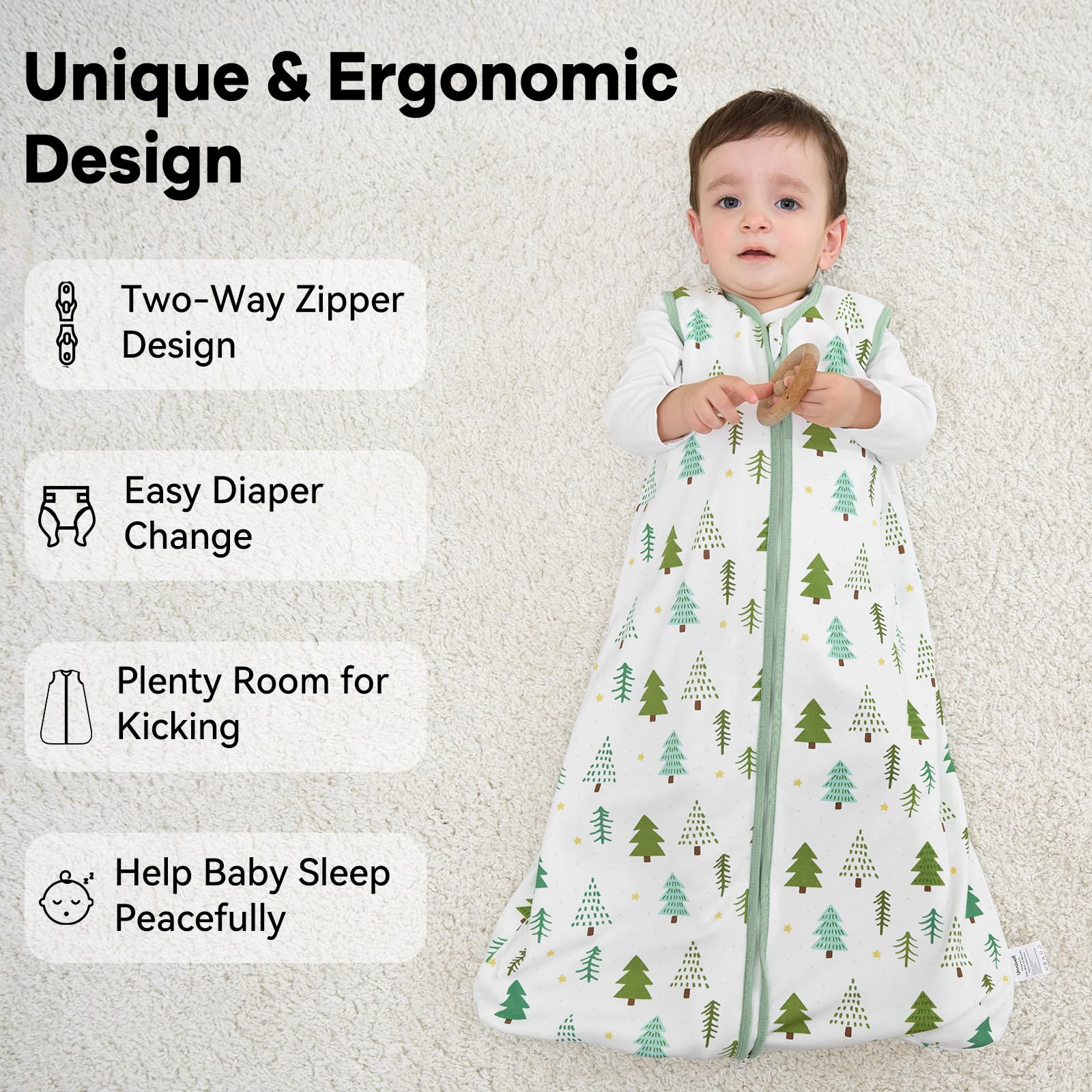 Unnivoll Baby Sleep Sack 0-6 Months 1.0 Tog Baby Wearable Blanket 100% Cotton Sleeping Sack with 2-Way Zipper for Infant Newborn Green Tree