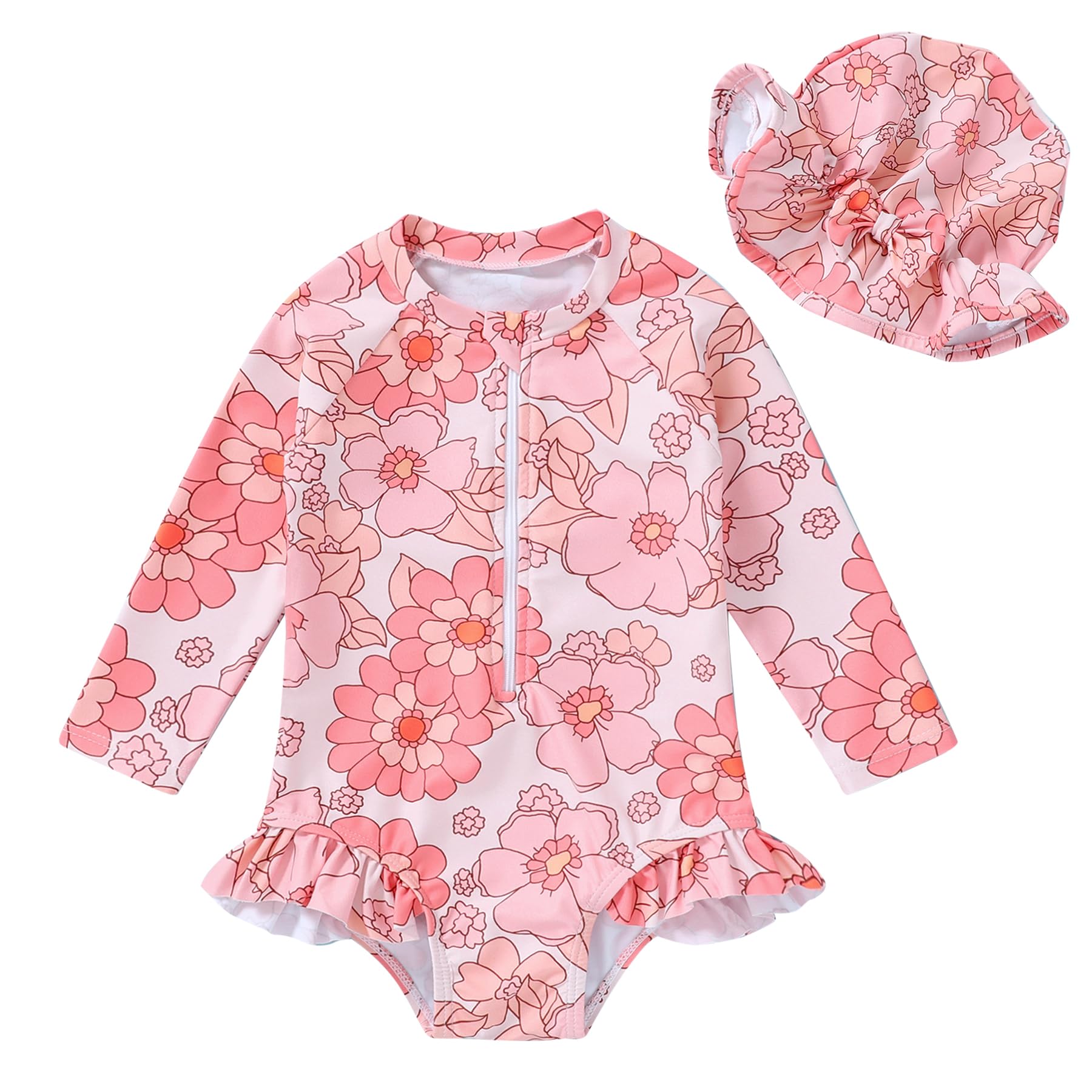 Infant Baby Girl Swimsuit One-Piece Long Sleeve Rash Guard with Hat Set Floral Zipper Bathing Suit Leopard Beach Wear(Pink#Flower, 6-12 Months)