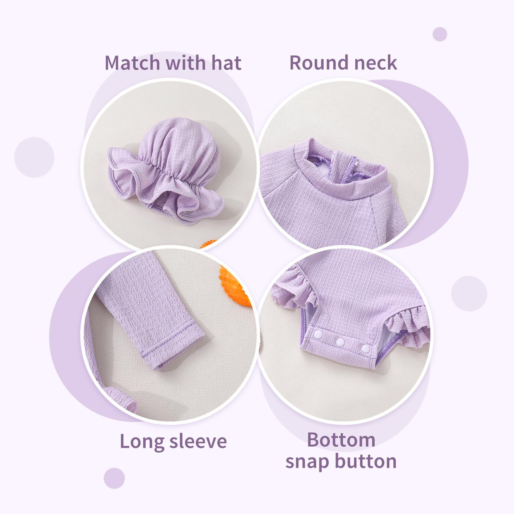 YOUNGER TREE Infant Baby Girls Long Sleeve Swimsuit One Piece Swimsuit Solid Color Bathing Suit with Hat, UPF 50+（Light Purple, 18-24 Months）