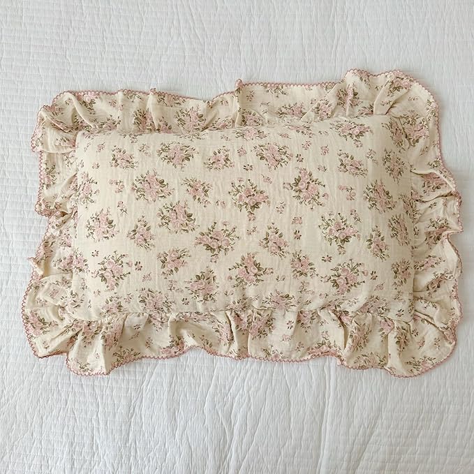 BuLuTu Muslin Toddler Kids Pillowcases Standards Size Pillow Cases for Toddlers Bed, Pink Floral Girls Boys Pillow Covers Fit for Children Pillow Sized 20"x26", Envelope Closure