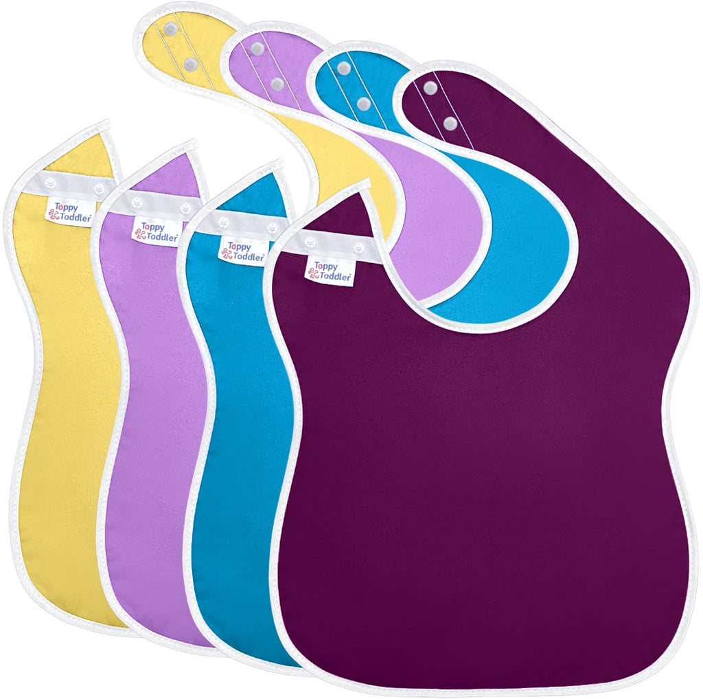 Toppy Toddler - 4 pcs Pastel Multi Color Large Waterproof Baby Bibs for 1-4 years old – Lightweight, Soft & Durable Fabric Bibs with Snap Buttons for Girls and Boys, Dryer safe and Easy to Clean