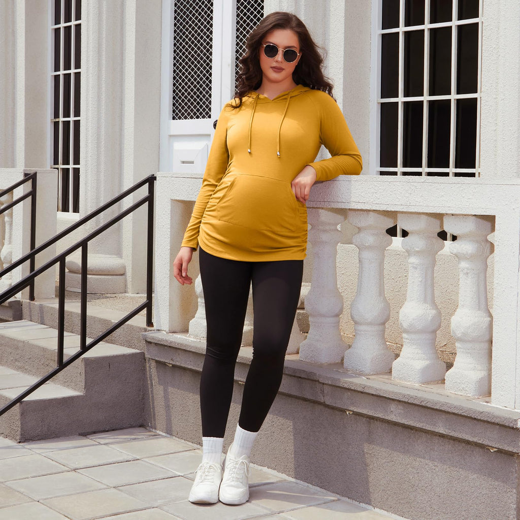 GINKANA Maternity Pullover Shirts Long Sleeve Hoodie with Pocket Ruched Maternity Casual Hoodie,Dark Yellow,XXL