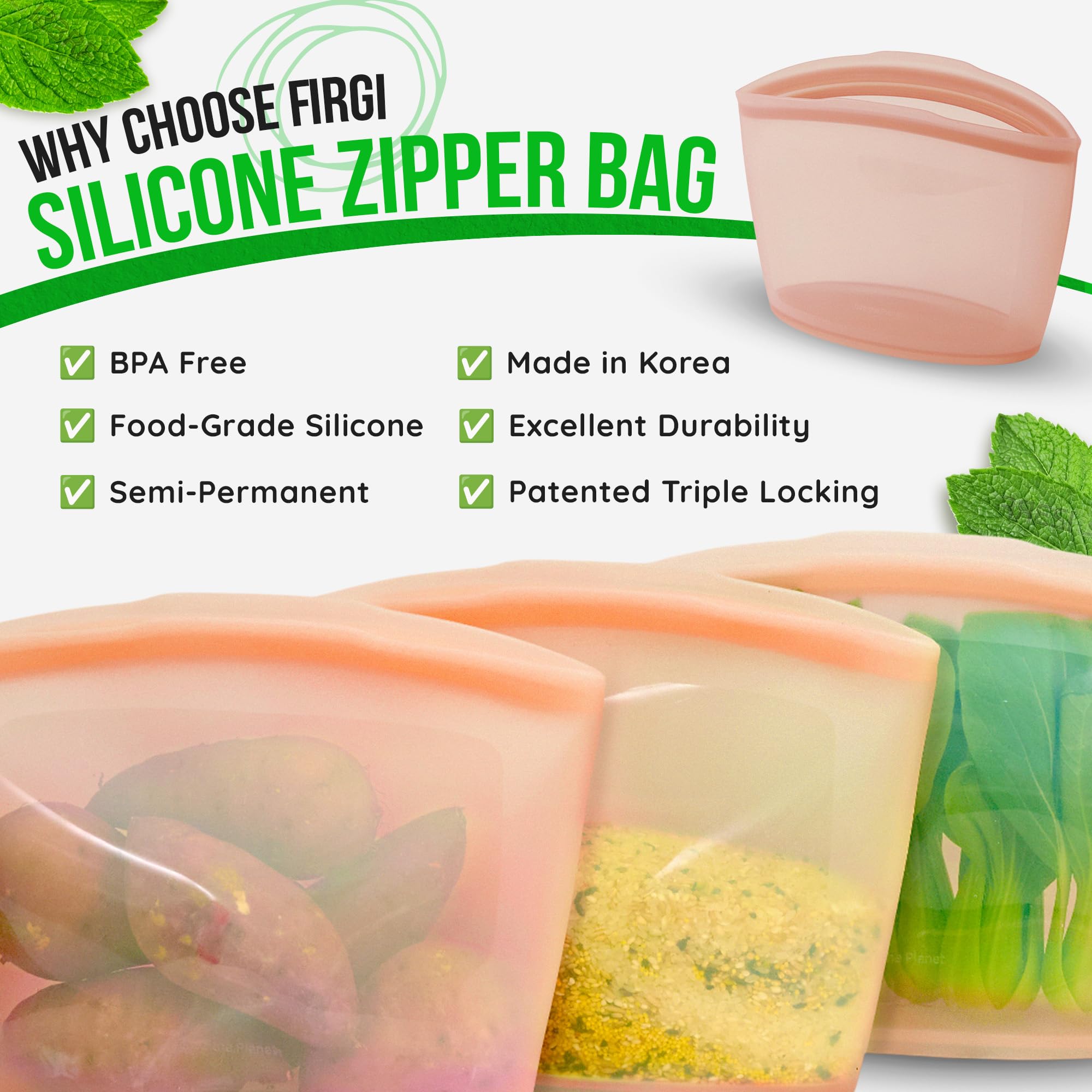 FIRGI Reusable Silicone Food Storage Bag, 2-Cups, Large Container, Made in Korea BPA-Free Platinum Silicone, Triple-Airtight Freezer Bag, Microwave Safe, Sous Vide, Meal Prep, 17oz, Dry Rose