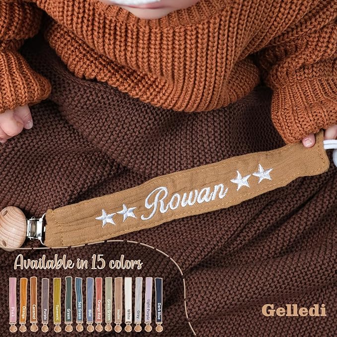 Personalized Bohemian Pacifier Clip Embroidered with Name is The Perfect Newborn Gift Made from eco-Friendly Bamboo! (Purple)