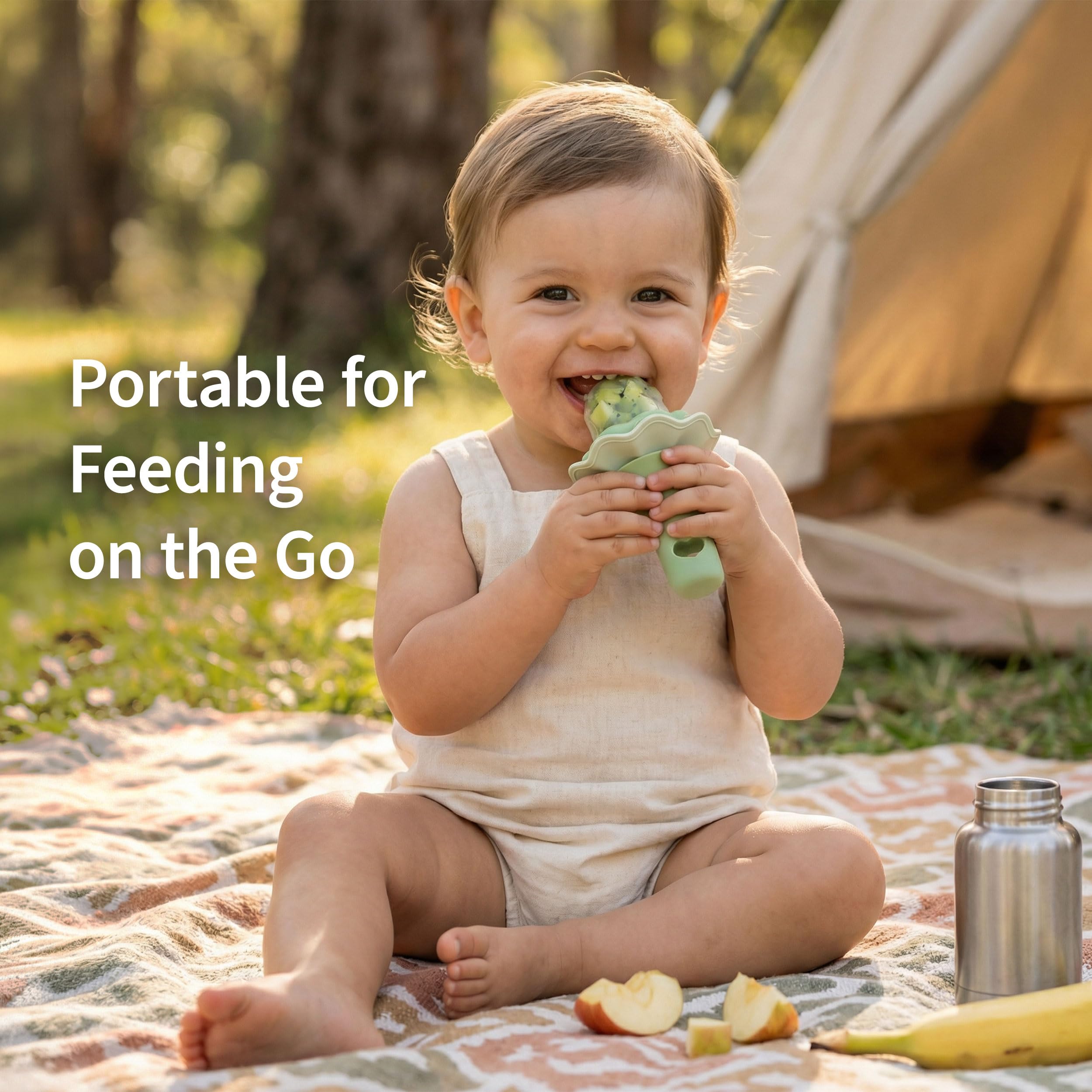 Moonkie Baby Fruit Feeder for Self-Feeding: Controlled Flow Design with 2 Pouches for Safe First Foods - BPA Free Silicone Food Feeder with Freezer Tray for Cooling Comfort - 4 Months+ - 1 Pack