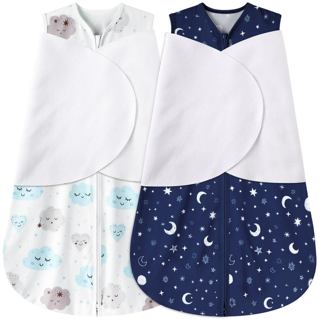 BSTOPPT Newborn Sleep Sack Baby Swaddle,0-3 Months,3-Way Adjustable Wearable Blanket,100% Rayon Cotton Swaddling sleeping bag，TOG 0.5（Clouds&Starry Sky）