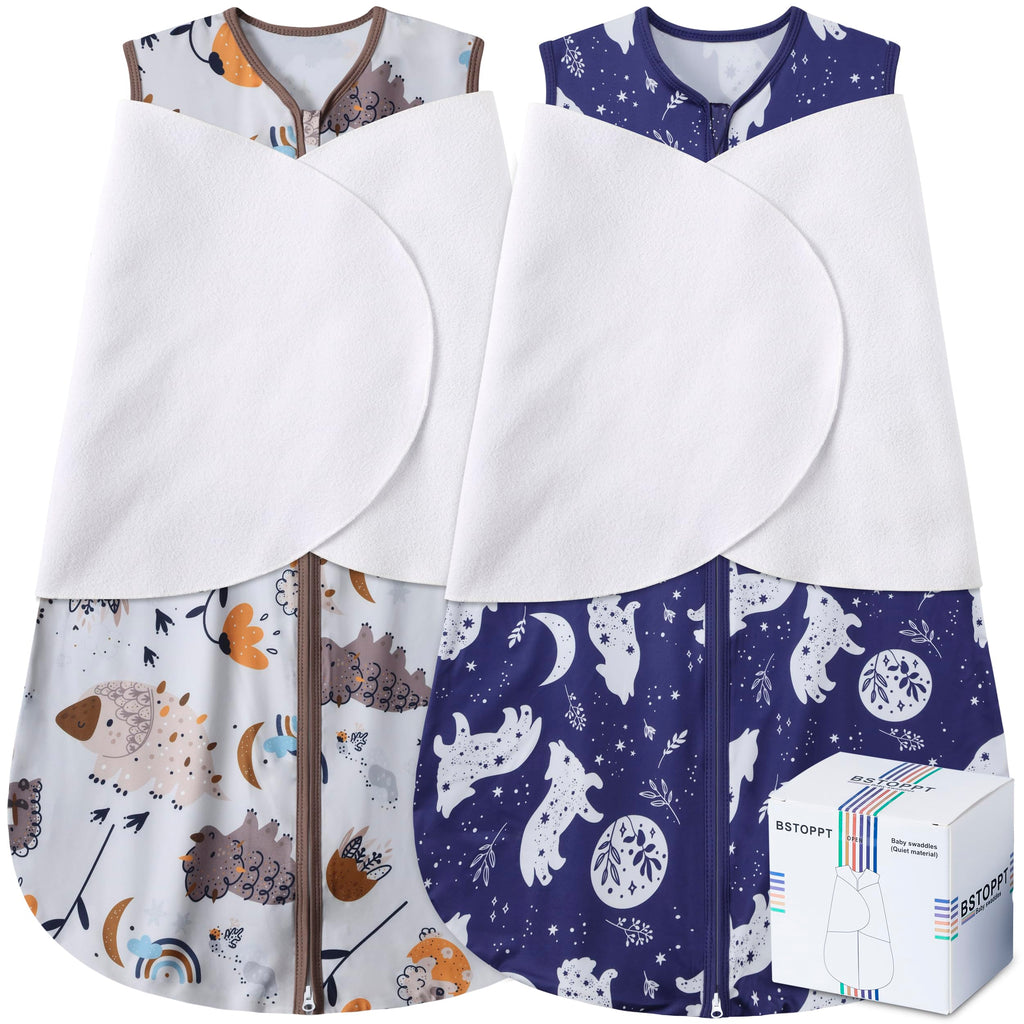 BSTOPPT Newborn Sleep Sack Baby Swaddle,3-Way Adjustable Wearable Blanket,100% Rayon Cotton Swaddling Sleeping Bag，TOG 0.5 (Fox & Dinosaurs, 6-12 Months)