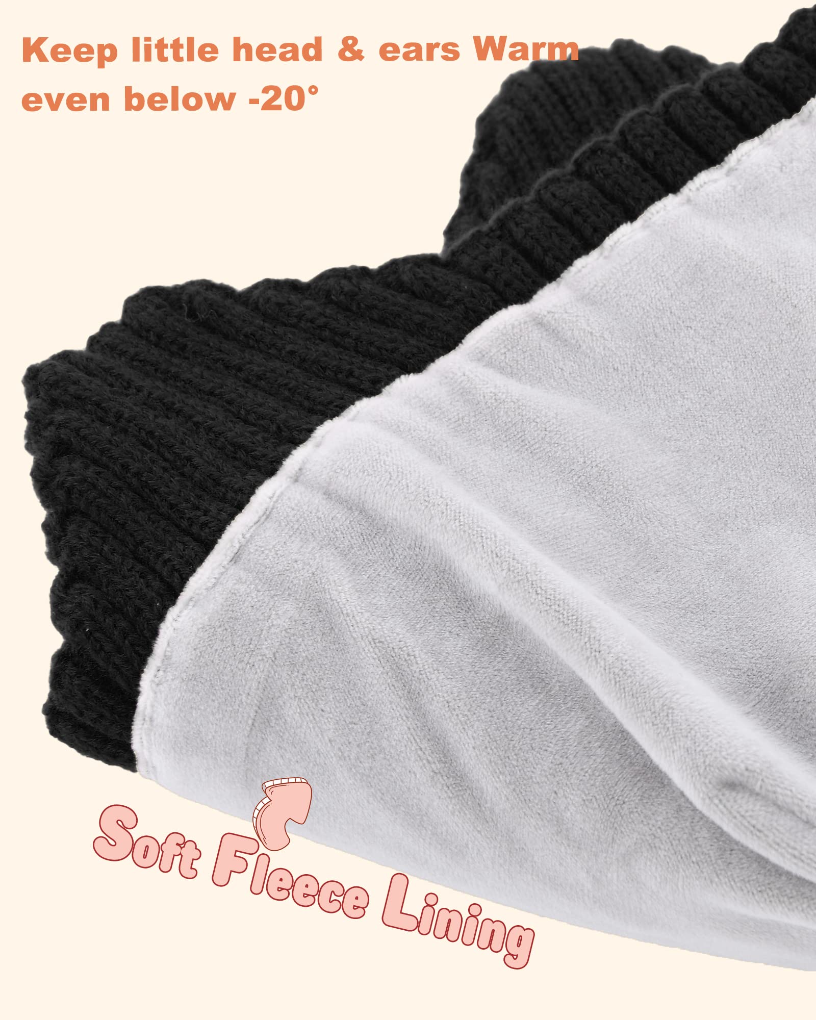 Baby Beanie Fleece Lined Toddler Winter Hat with Ear Flaps Little Girls Boys Warm Hats Cute Beanies for Kids Black