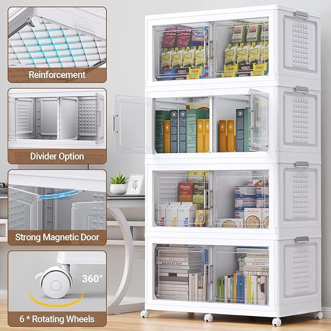 BROVIEW 800Qt Plastic Storage Bins with Lid and Wheels, 4Pack Extra Large Stackable Storage Bins with Dividers,Closet Organizers and Storage Cabinet Collapsible Box Shelves for Home Kitchen,White