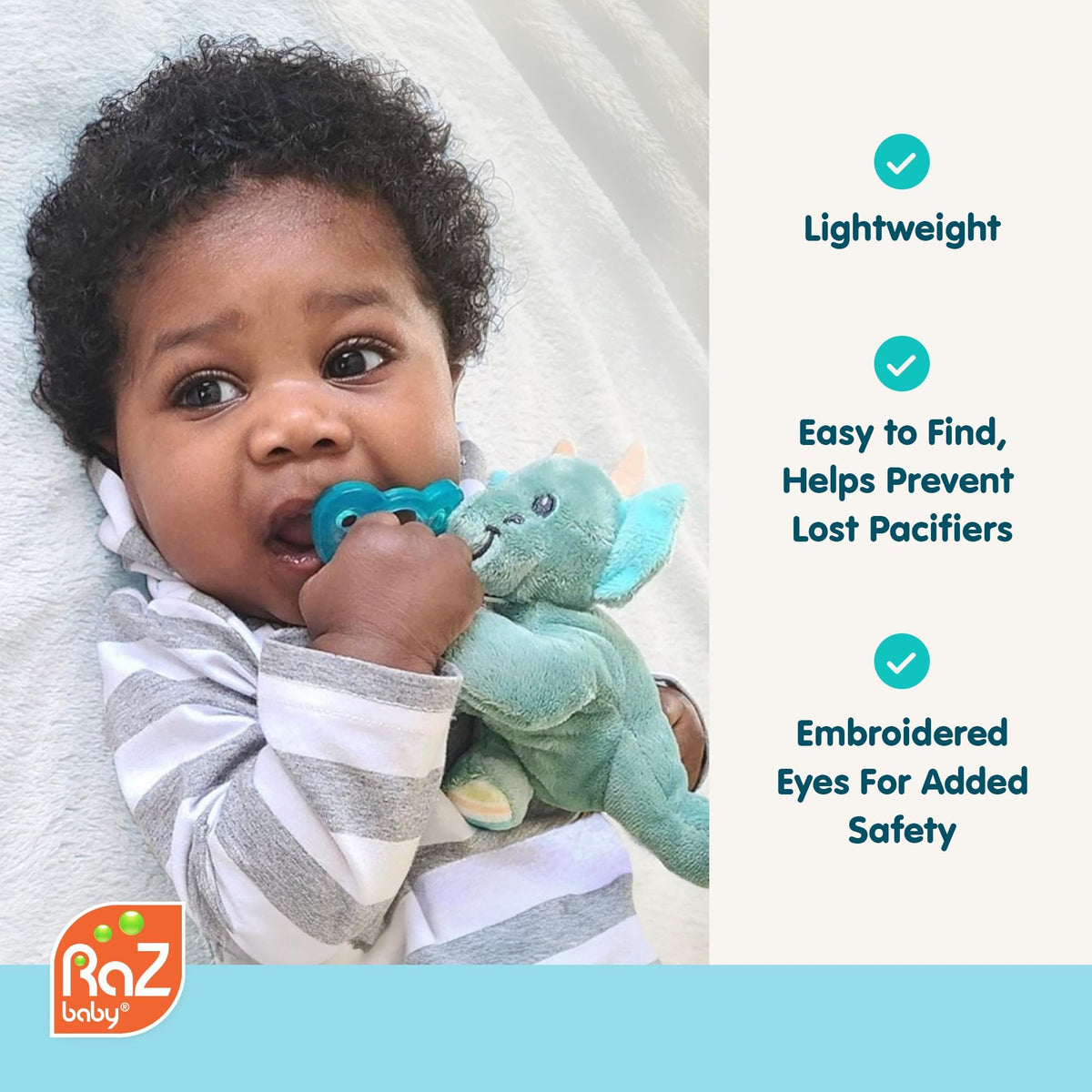 RaZbaby JollyPop Pacifier, Holder w/Detachable Baby Pacifier, Stuffed Animal RaZbuddy, All Ages 0M+, 100% Medical Grade USA Made Silicone, Machine Washable, Textured & Easy to Hold – Fox