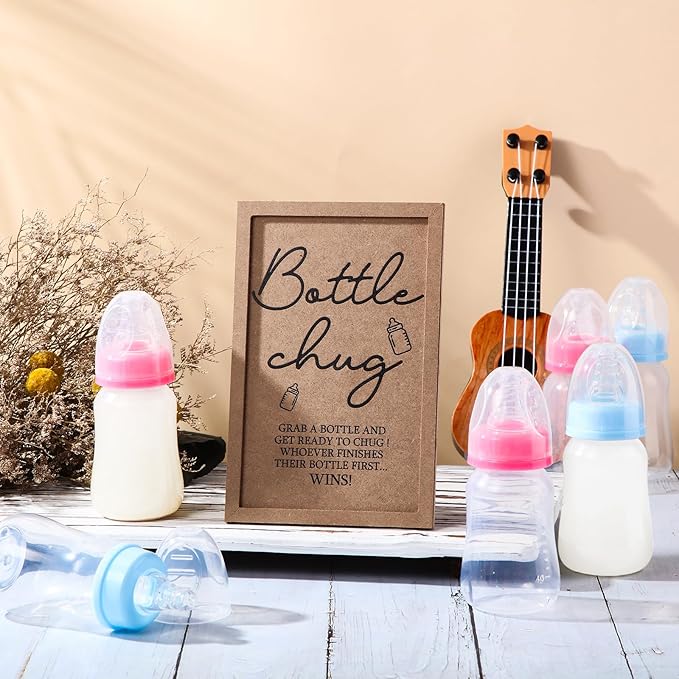 Roowest Bottle Chug Baby Shower Game Favors Including Kraft Theme Wooden Sign and 18 Pcs Baby Bottles for Gender Reveal Party Supplies