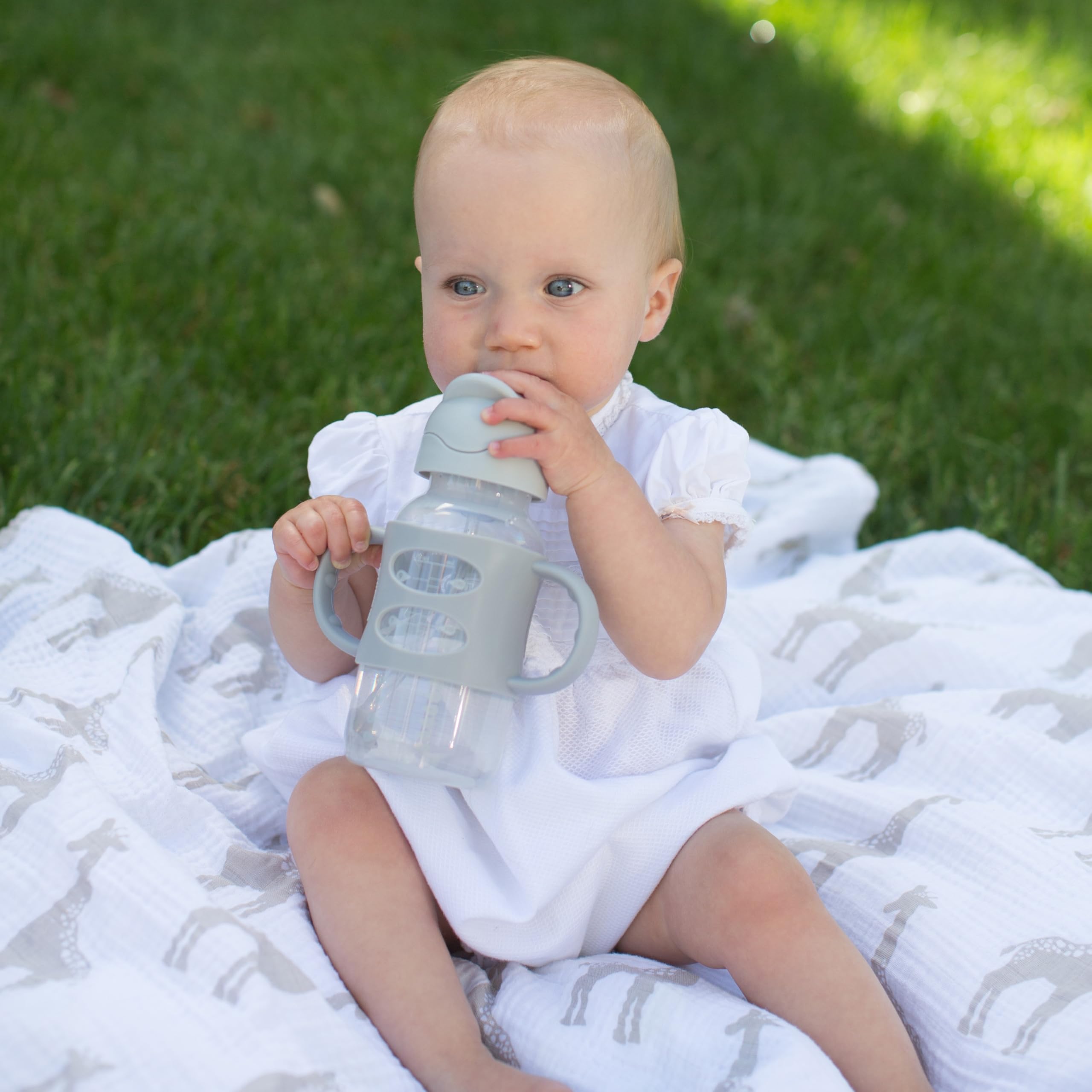 Dr. Brown's Milestones Wide-Neck Sippy Straw Bottle with 100% Silicone Handles and Weighted Straw, 9 oz/270 mL, Gray, 6m+