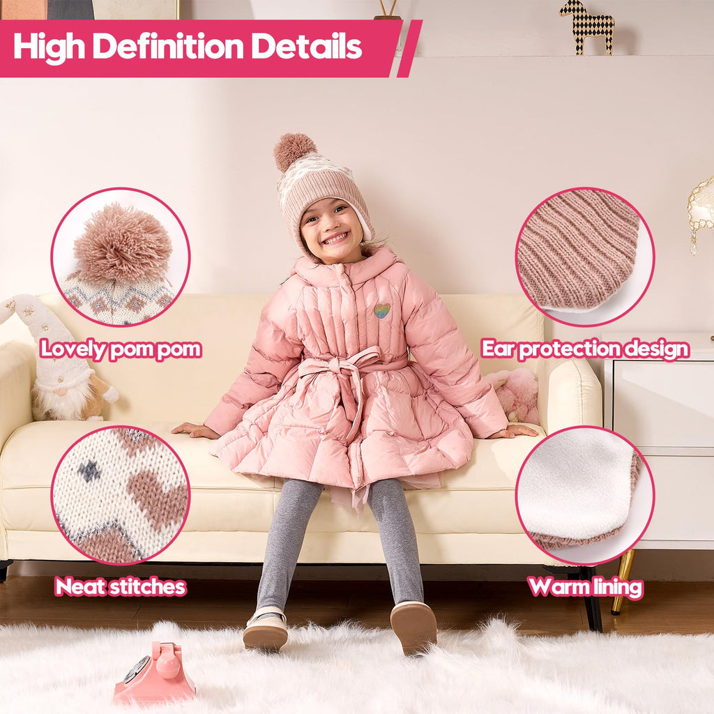Moon Kitty Baby Girl Knit Hat with Ear Flaps Winter Warm Toddler Beanie for 6-12 Months Soft Acrylic Knit & Fleece Lined Ear Protection Cute Pom Pom Hat for Baby