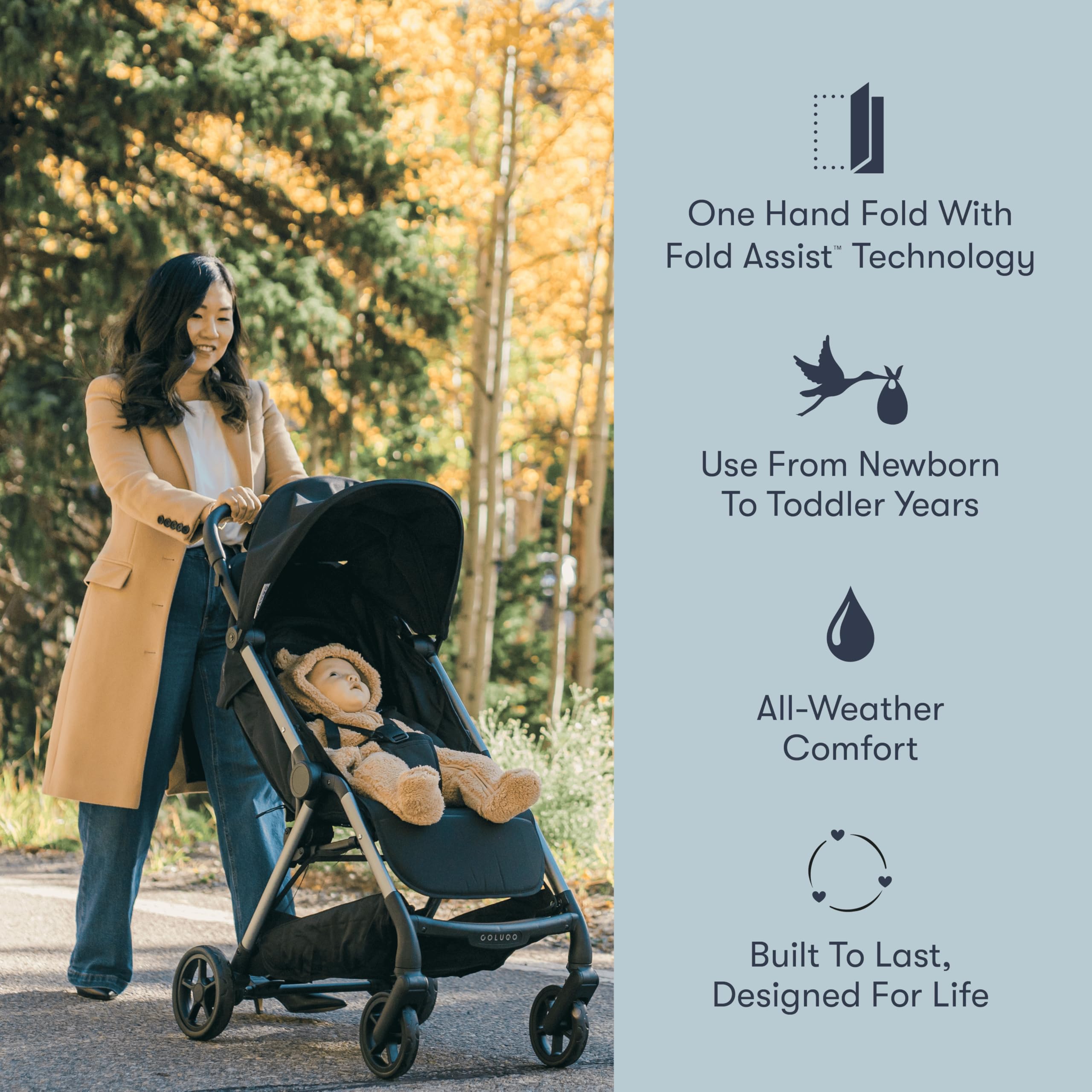 Colugo The One Stroller - Lightweight Easy Fold Compact Toddler and Baby Stroller for Travel, Large Storage Basket, One Hand Fold, Includes Raincover, Bumper Bar, Cupholder (Black)