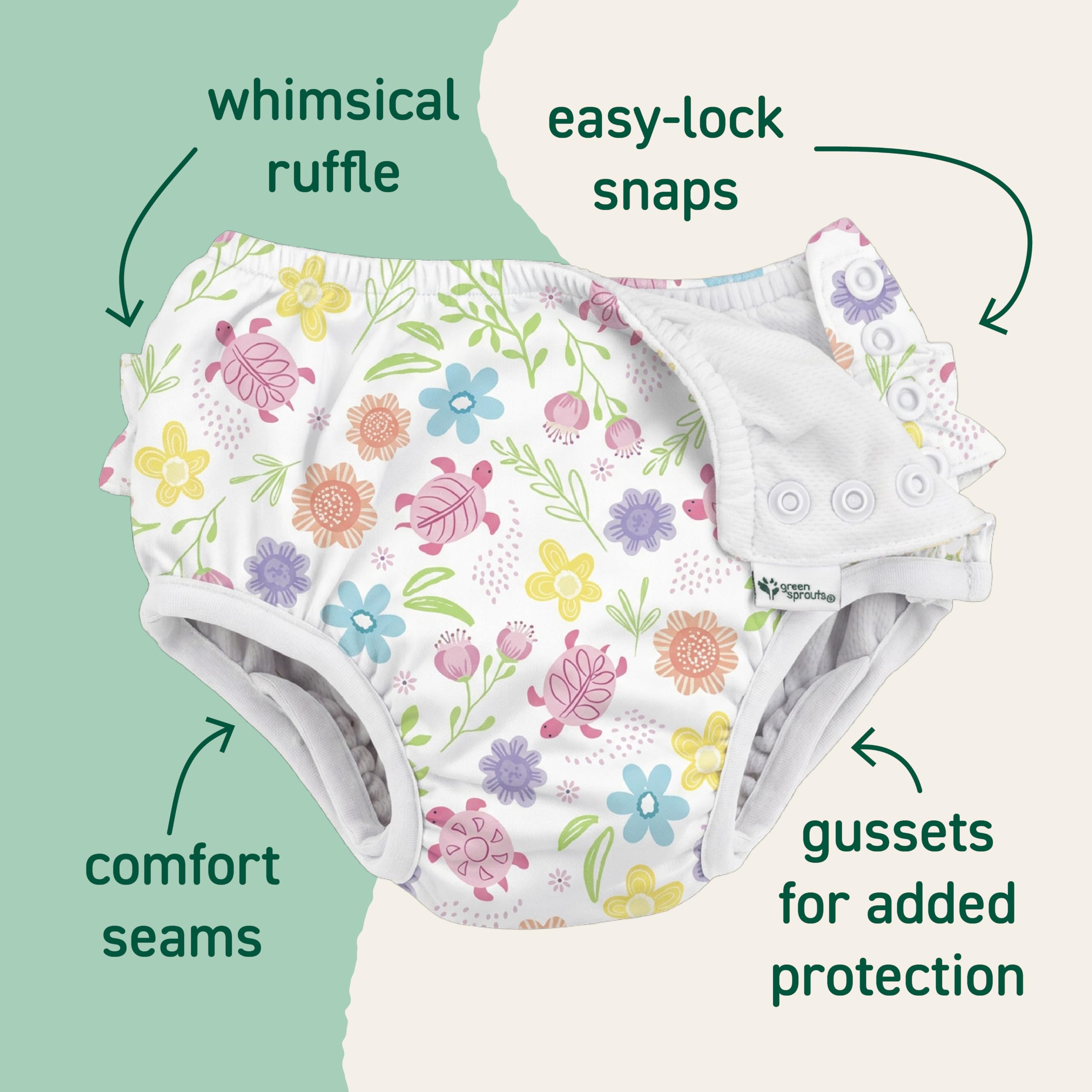 green sprouts Baby Toddler Eco Ruffle Snap Swim Diaper - White Turtle Floral - 12mo