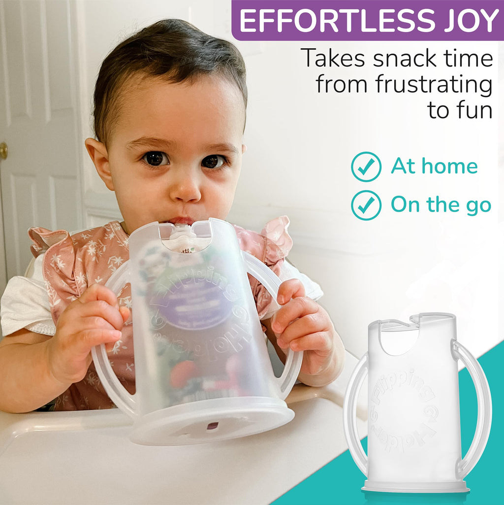 Flipping Holder Squeeze Proof Food Pouch Holder for Toddlers, Babies, Kids, Mess Free No Squeeze Juice Box Drink Holder with Easy Grip Handles and Lid - Made in USA (Blue 3 Pack)