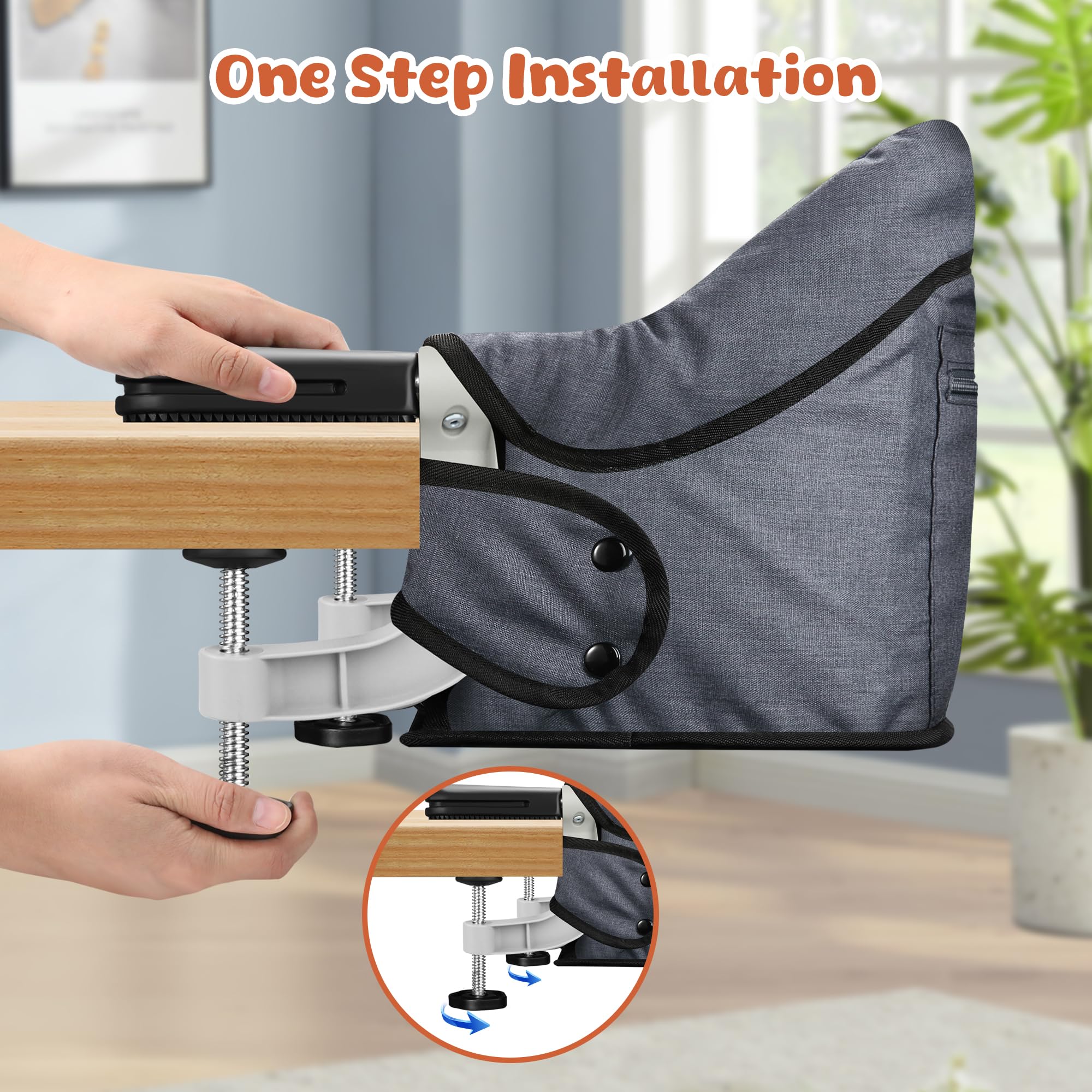 JOZZVE Hook On High Chair with Tray, Clip-On Feeding Seat, Grey