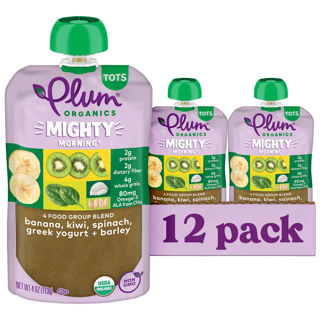 Plum Organics - +12 Months Organic Baby Food - Banana, Kiwi, Spinach, Greek Yogurt & Barley - Non-GMO - On-The-Go Pouches for Baby & Toddler Meals - Quality Tested Ingredients - 4 oz (Pack Of 12)