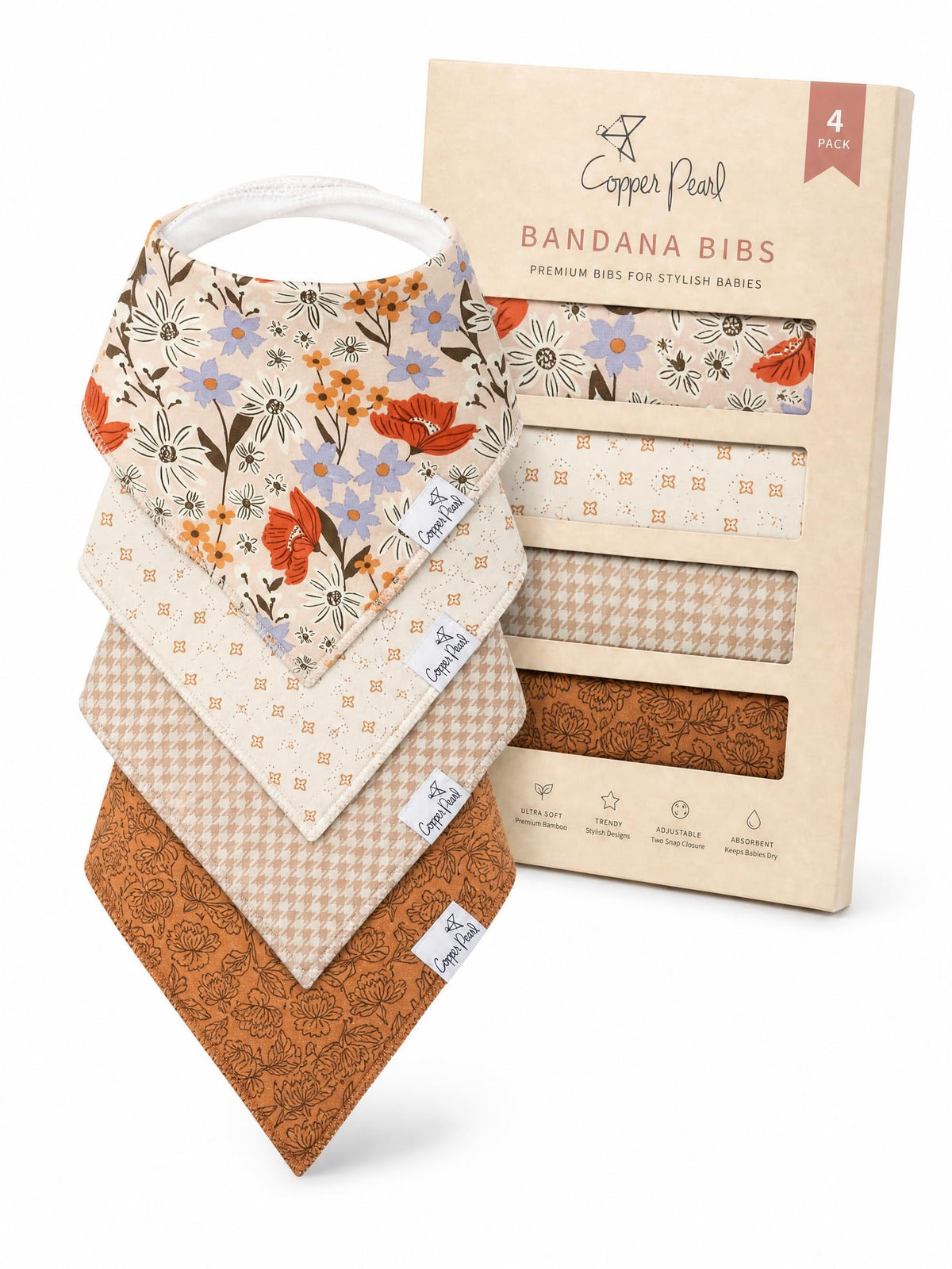 Copper Pearl Baby Bibs for Baby Boy or Girl – Bandana Drool Bibs for Teething, Absorbent Bibs for Eating, Newborn to Toddler, 4 Pack, Black Basics