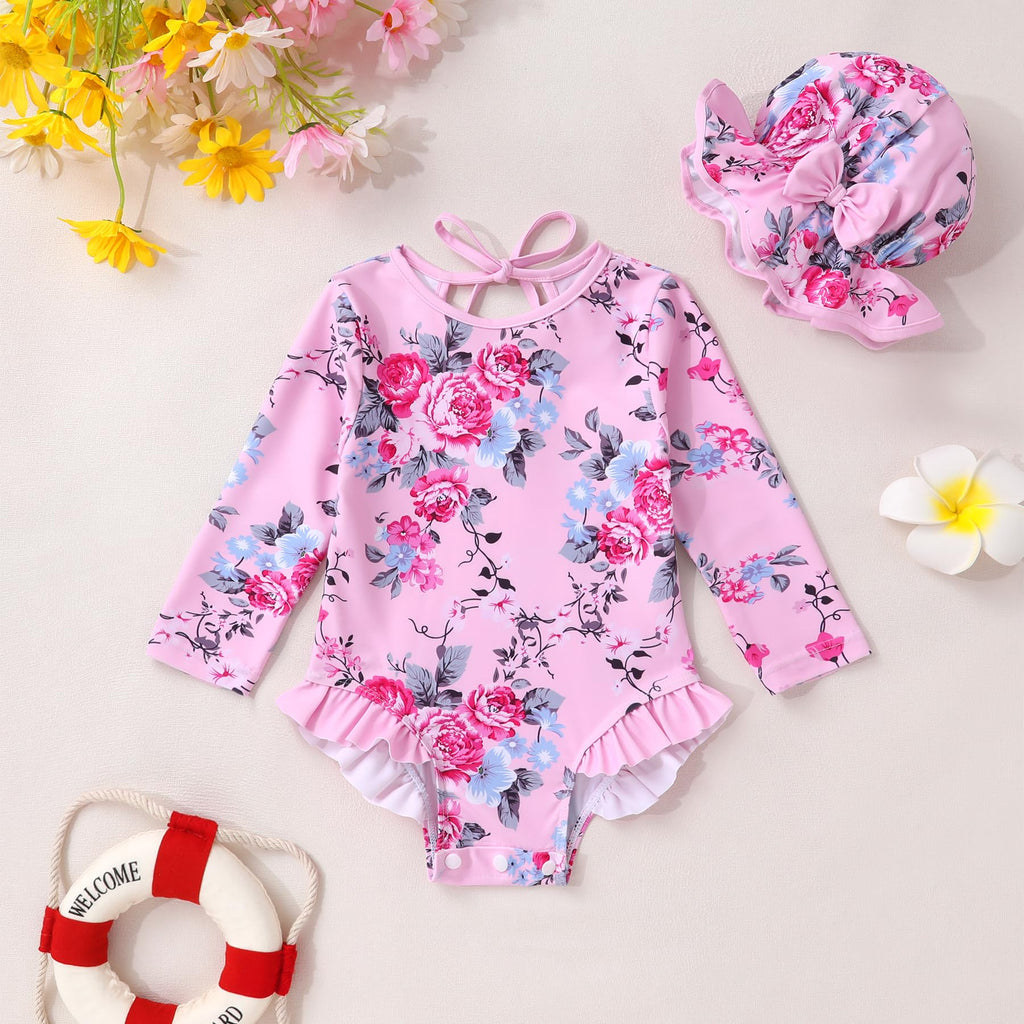 Infant Baby Girls Long Sleeve One Piece Swimsuit with Hat Floral Zipper Bathing Suit Leopard Beach Wear (Pink Edged Big Flower，3-6Months)