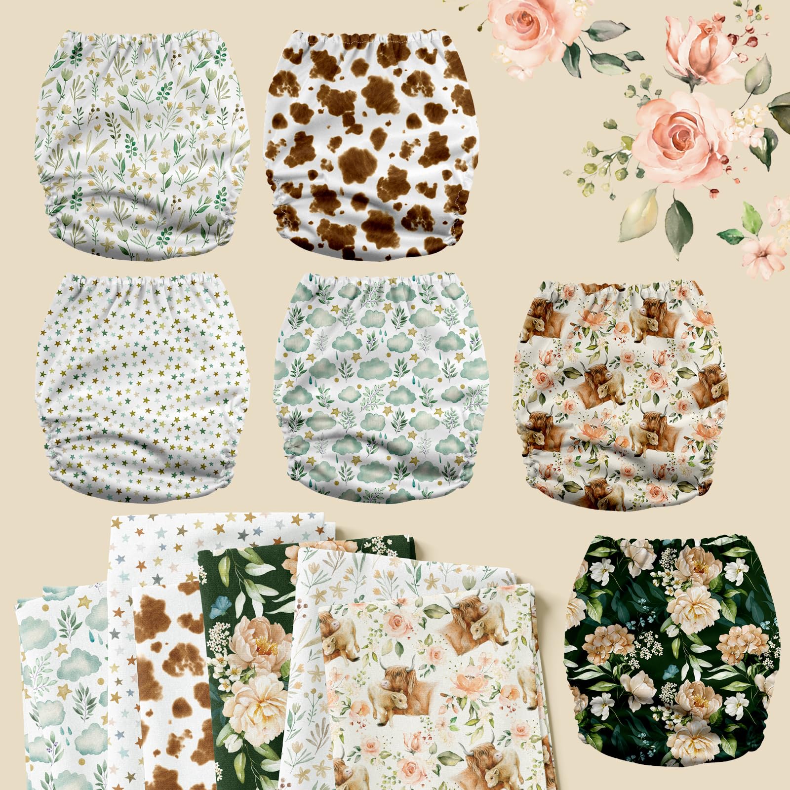 Mama Koala 3.0 Pocket Cloth Diapers for Babies with AWJ Lining, 6 Pack with 6 5-Layer Natural Cloth Diaper Inserts - Reusable and Washable Pocket Diapers(A-A Special Set)