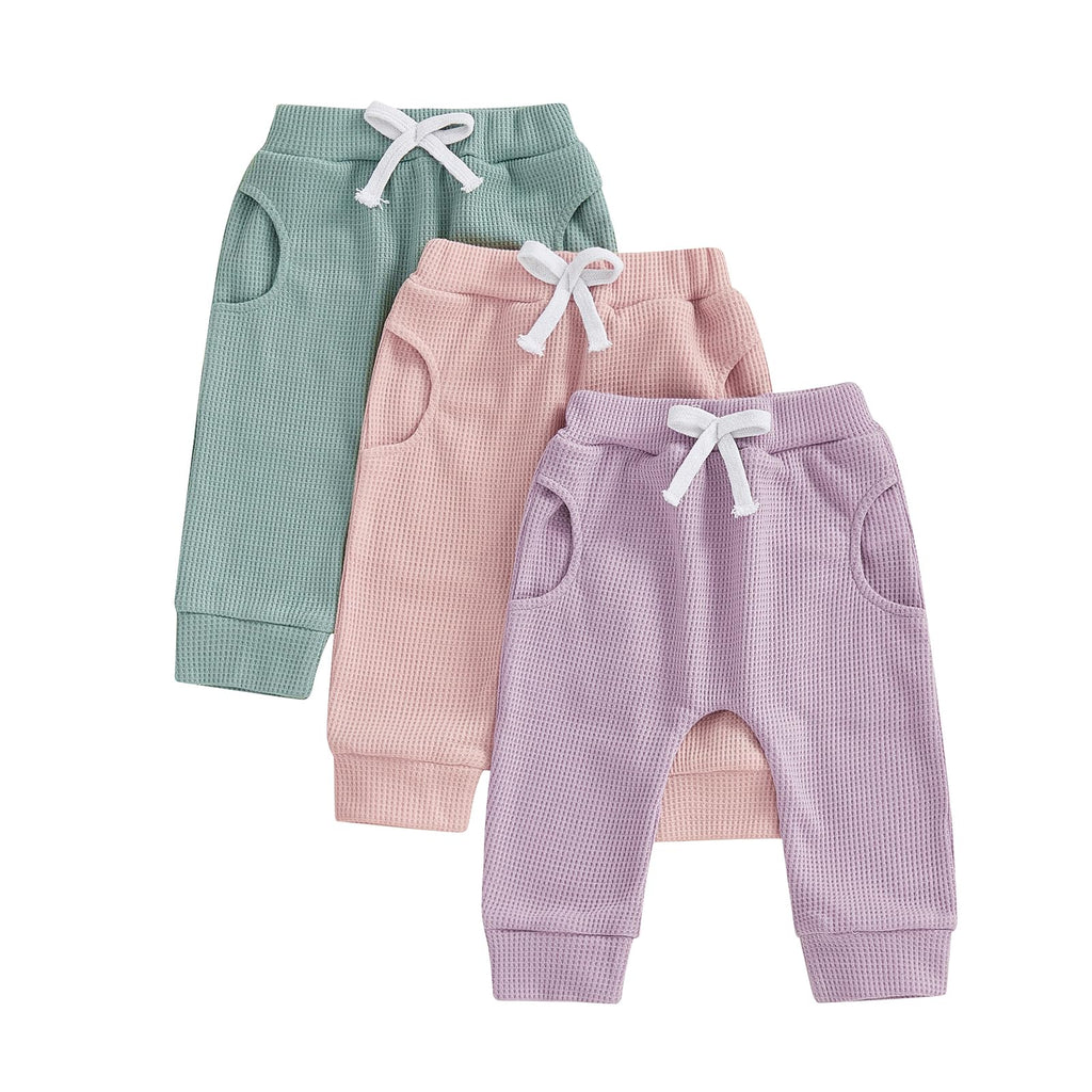 Sejardin Toddler Baby Boy Girl Pants 3 Pack Solid Color Elastic Waist Jogger Sweatpants Newborn Infant Casual Bottoms (Waffle Green Pink Purple, 0-6 Months)