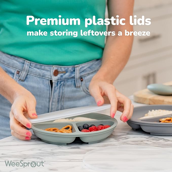 WeeSprout Suction Plates with Lids for Babies & Toddlers, 100% Silicone Dinnerware Stays Put, Divided Design for Picky Eaters, Microwave & Dishwasher Friendly, 3 Pack (Matte Pink, Purple, Blush Pink)