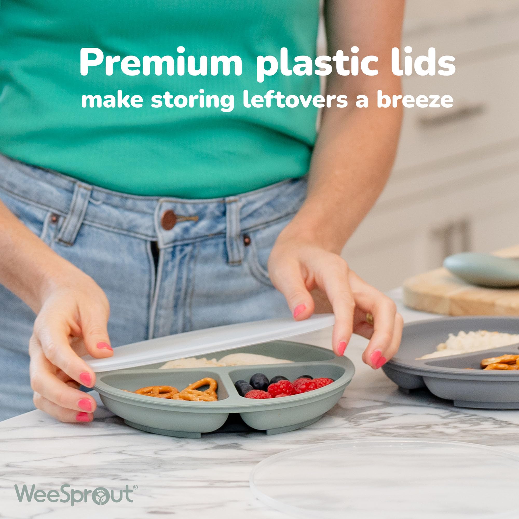 WeeSprout Silicone Plates with Lids for Babies & Toddlers (3 Pack) 100% Food-Grade Dishes for Self Feeding, Divided Design & Raised Edges for Picky Eaters, Dishwasher & Microwave Safe Weaning Supplies