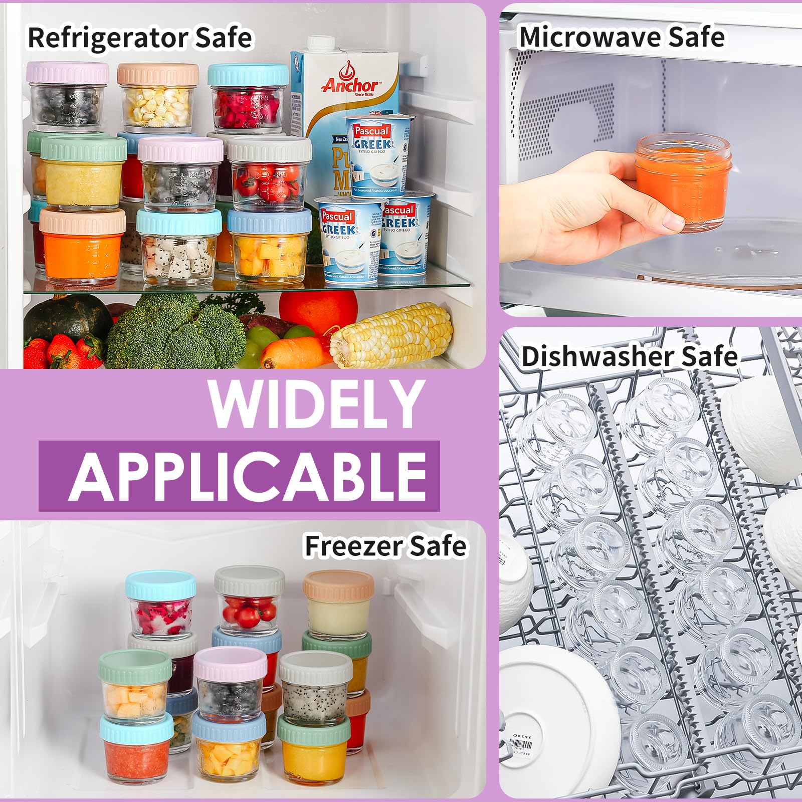 DRKIO 12 pcs Baby Food Storage Containers 4 Oz Small Glass Jars with Lids
