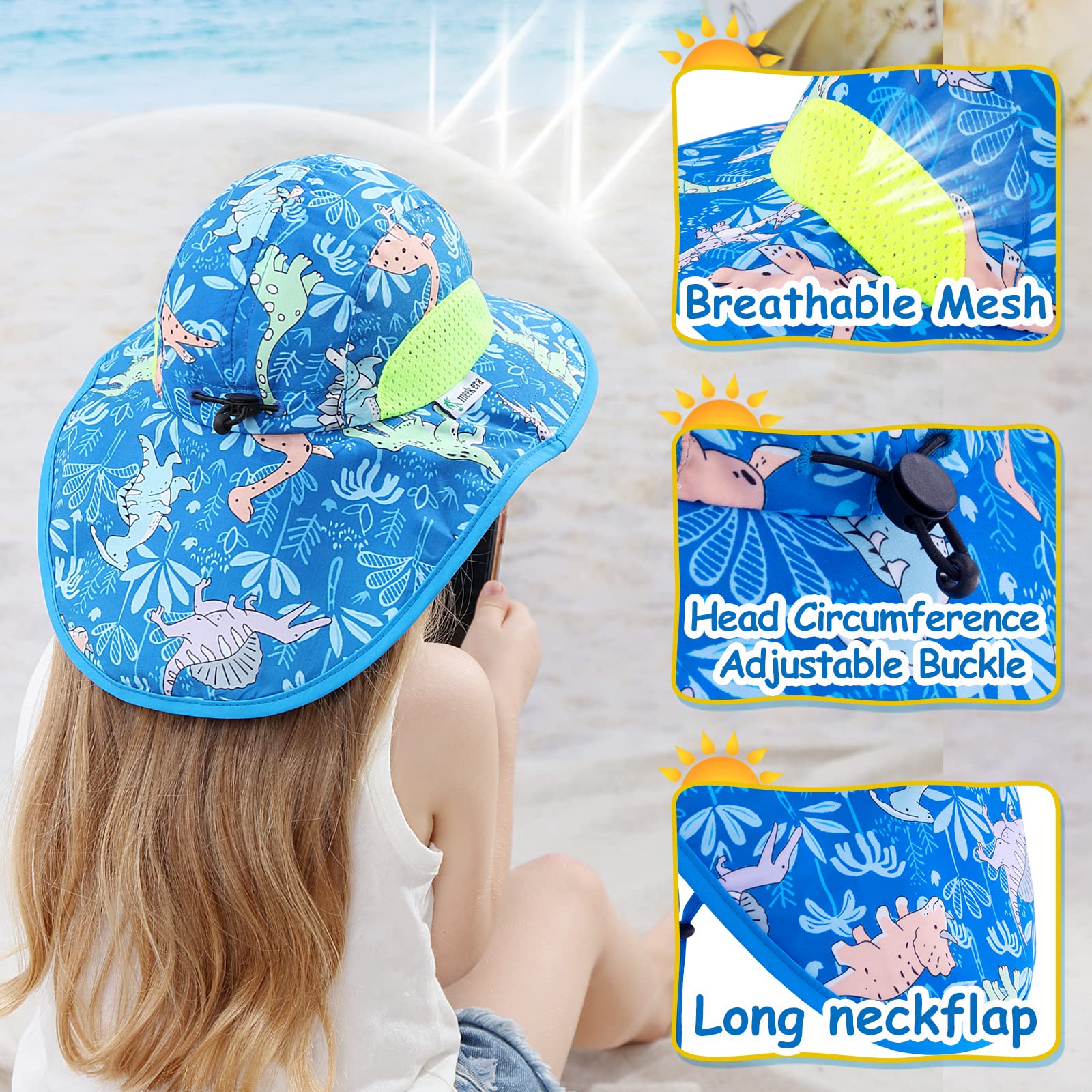 Baby Boy Sun Hat with Neck Flap Chin-Strap Toddler Girl Mesh Bucket Wide Brim Kids Adjustable Summer Beach Cap UPF 50+ (A-Green Dinosaur, L?20.47 -22.04 ?)